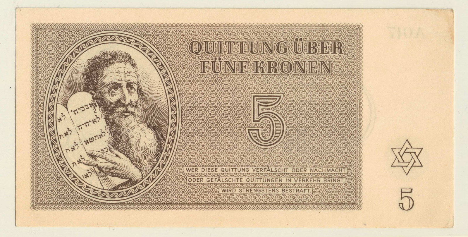 Theresienstadt Ghetto, Bohemia & Moravia (German Occupation) 1943 Funf (5) Krone, Uncirculated - 2