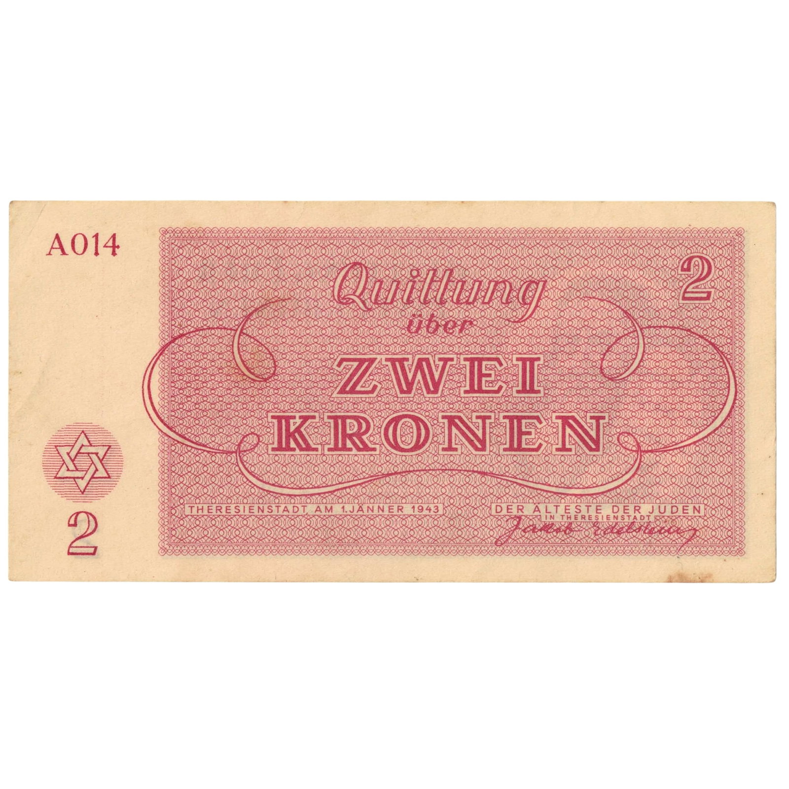 Theresienstadt Ghetto, Bohemia & Moravia (German Occupation) 1943 Zwei (2) Krone, Uncirculated: Campbell# 4112 : Serial# A014 Medium Germany