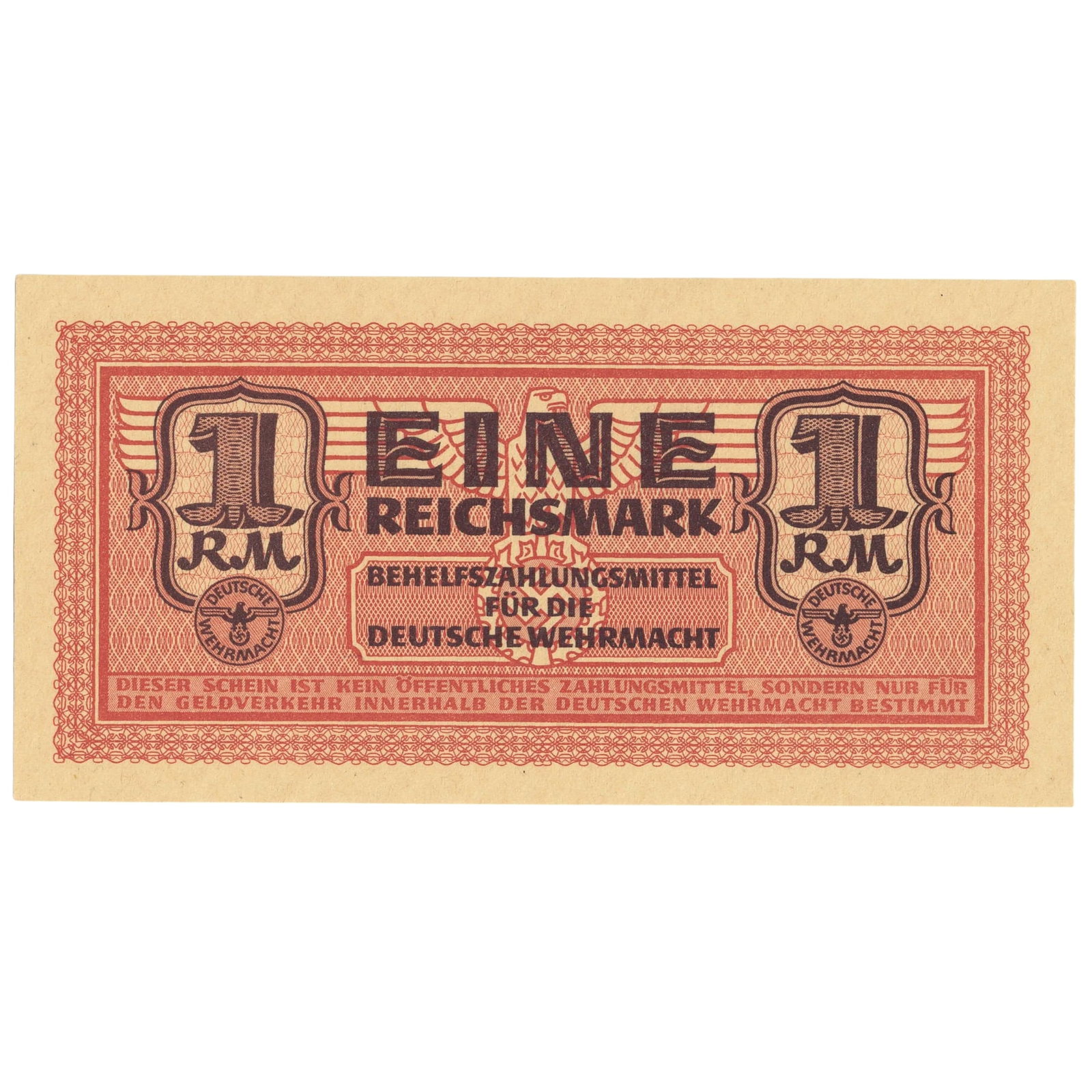 Germany Third Reich Auxiliary Payment Certificate Eine (1) Mark ND (1942), Uncirculated: PickS# M36. Intended as legal tender within the Wehrmacht during WWII. They were worth 10 times the face value if spent in military channels Medium Germany