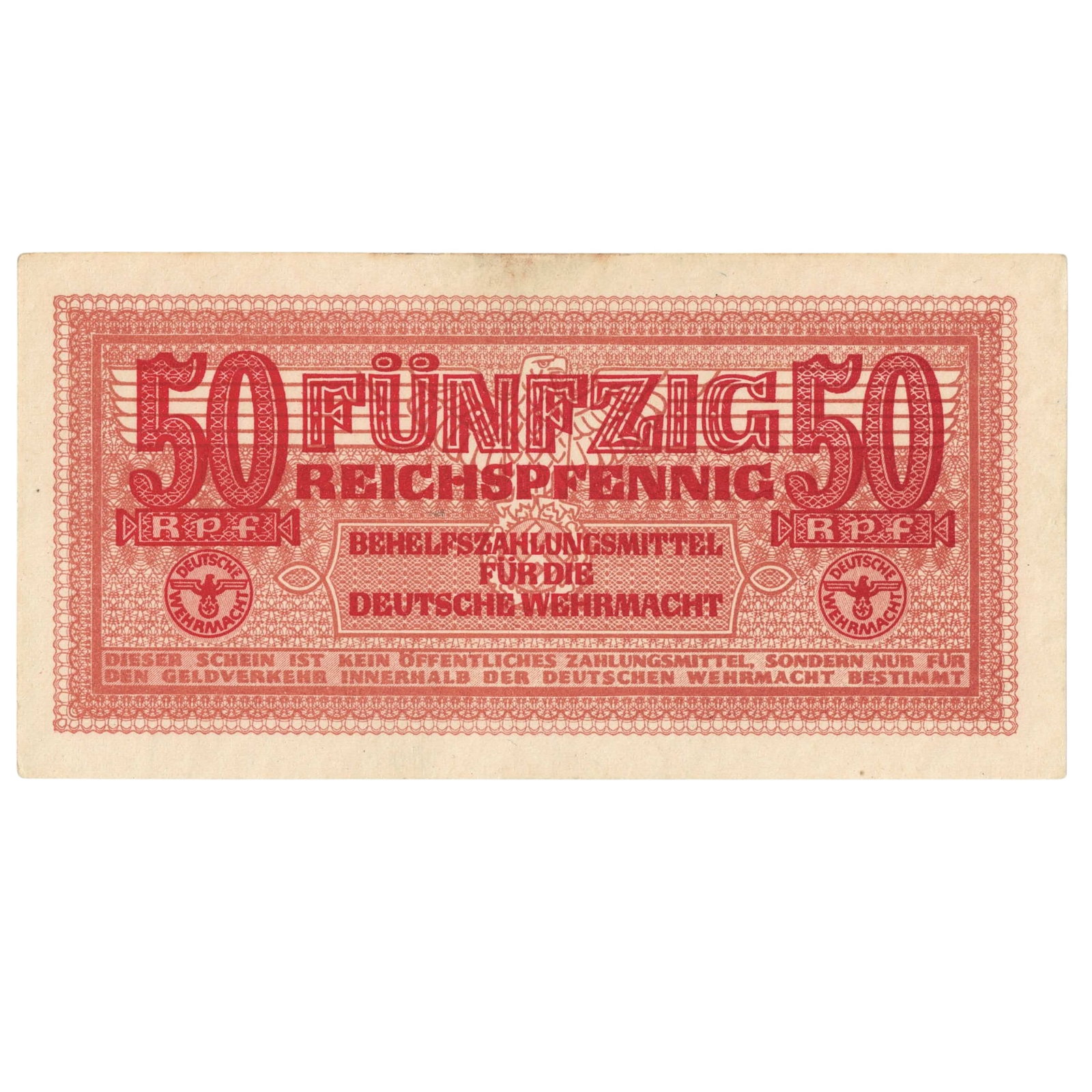 Germany Third Reich Auxiliary Payment Certificate 50 Reichspfennig ND (1942), virtually Uncirculated: PickS# M35. Intended as legal tender within the Wehrmacht during WWII. They were worth 10 times the face value if spent in military channels Medium Germany