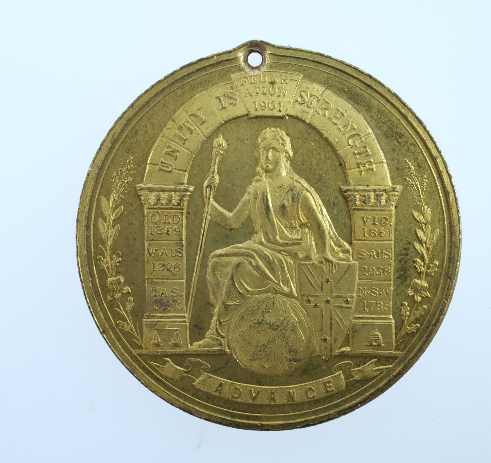 Australia 1901 State of Queensland 'Federation' Gilt Bronze Medalet, Choice Uncirculated - 2