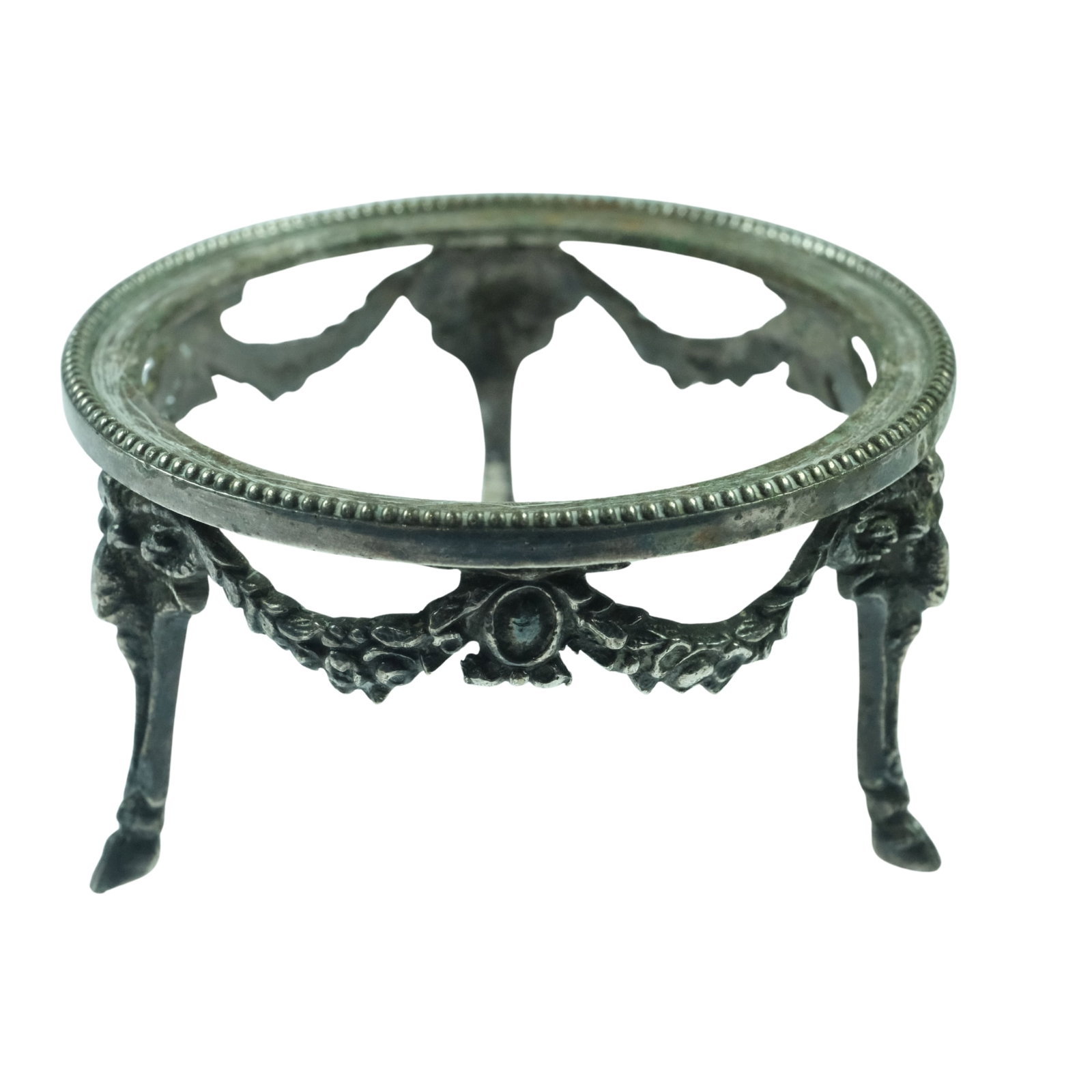 White Metal Salt Tripod Stand with Ram Motifs and Hoofed Feet: . Size Diameter 6.5cm Condition Missing glass Medium Art & Antiques