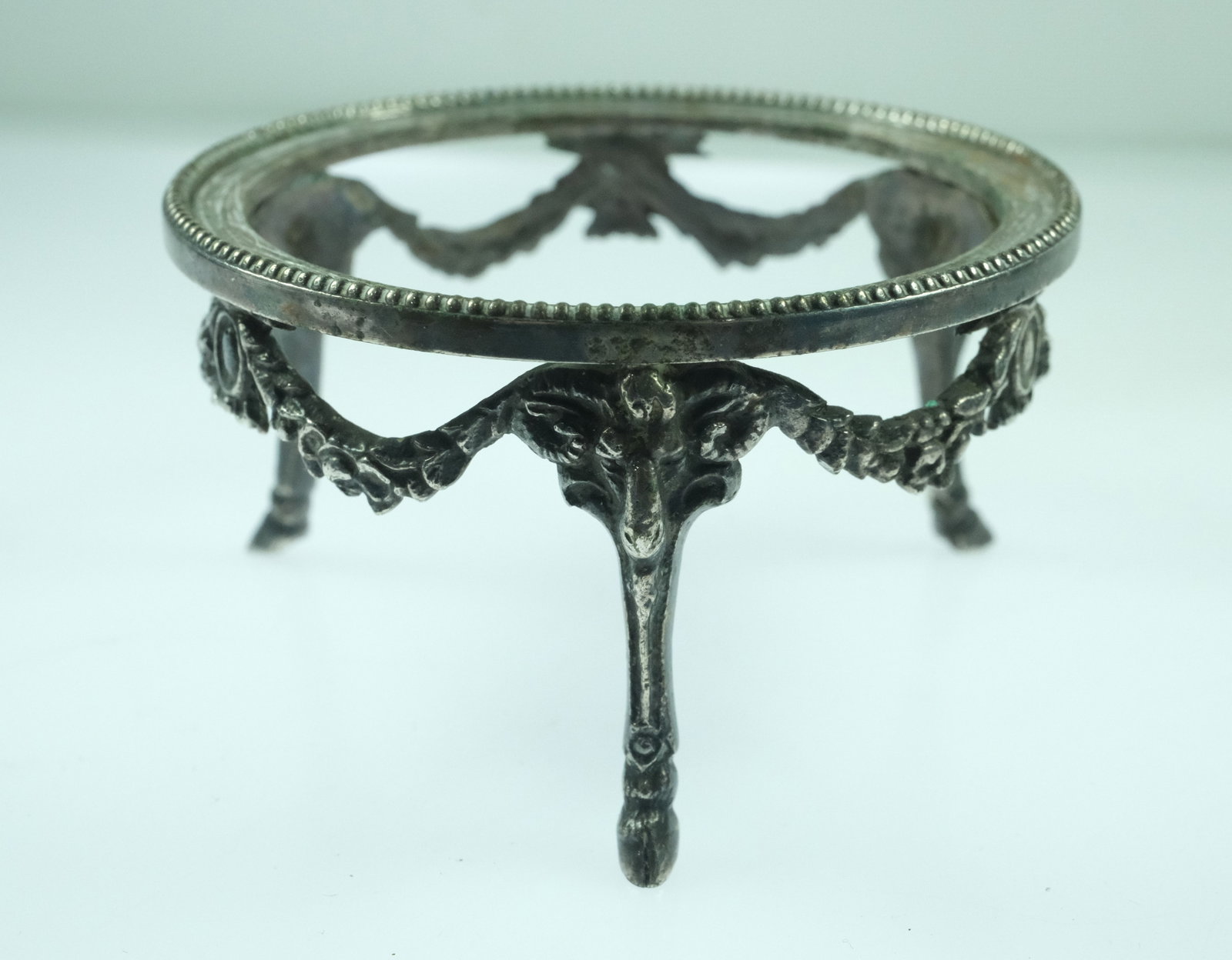 White Metal Salt Tripod Stand with Ram Motifs and Hoofed Feet - 3