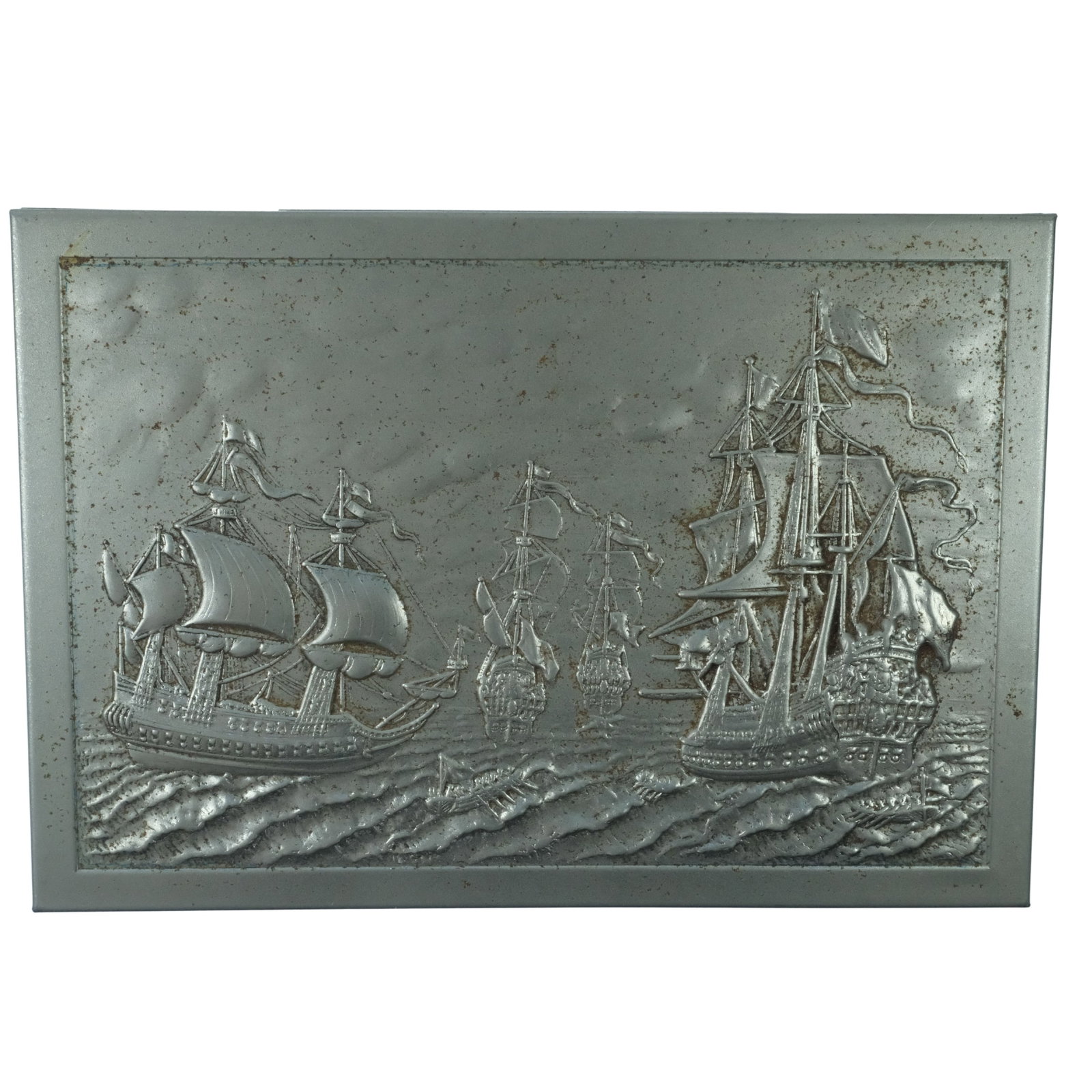 White Metal Embossed Cigar Box Depicting Sailing Ships: . Size 16cm x 11cm Medium Art & Antiques