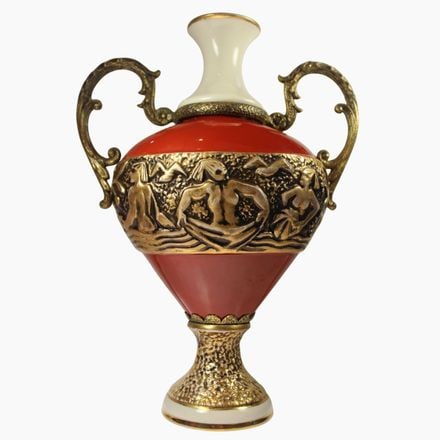 Vintage Ewer with Native Frieze and Double-Handled Scroll Handles in Metal: Decorative Size Stands 25cms Condition Missing Cork Medium Art & Antiques