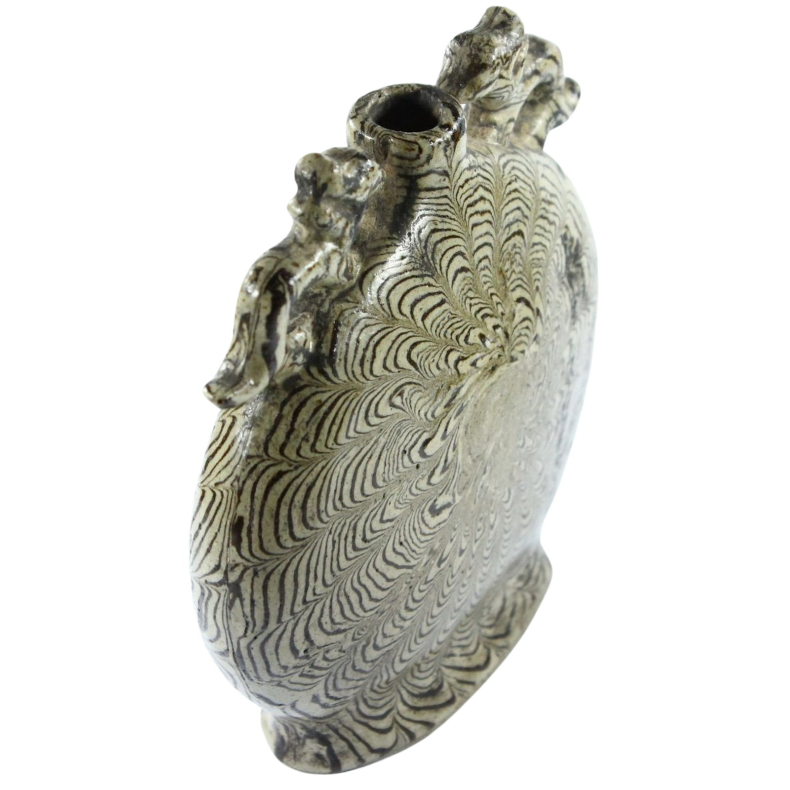 China Stoneware Moon Flask with Foo Dog Handles and unusual radiating pattern: Possibly early Song Dynasty Size Stands 14cms Medium General