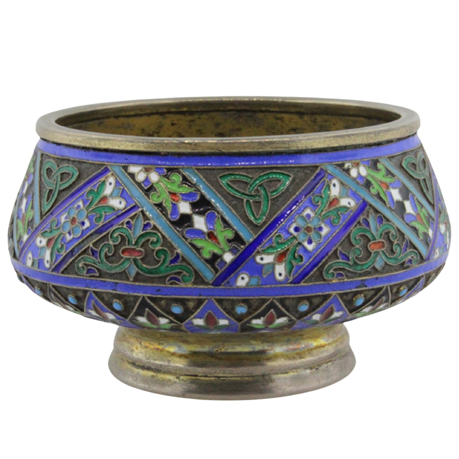 Antique Russian Silver (84 Zl - 87.5%) Cloisonne Vessel with Gilded Interior dated 1885: Maker A.P Size Stands 4.3cms Medium Russian Silver