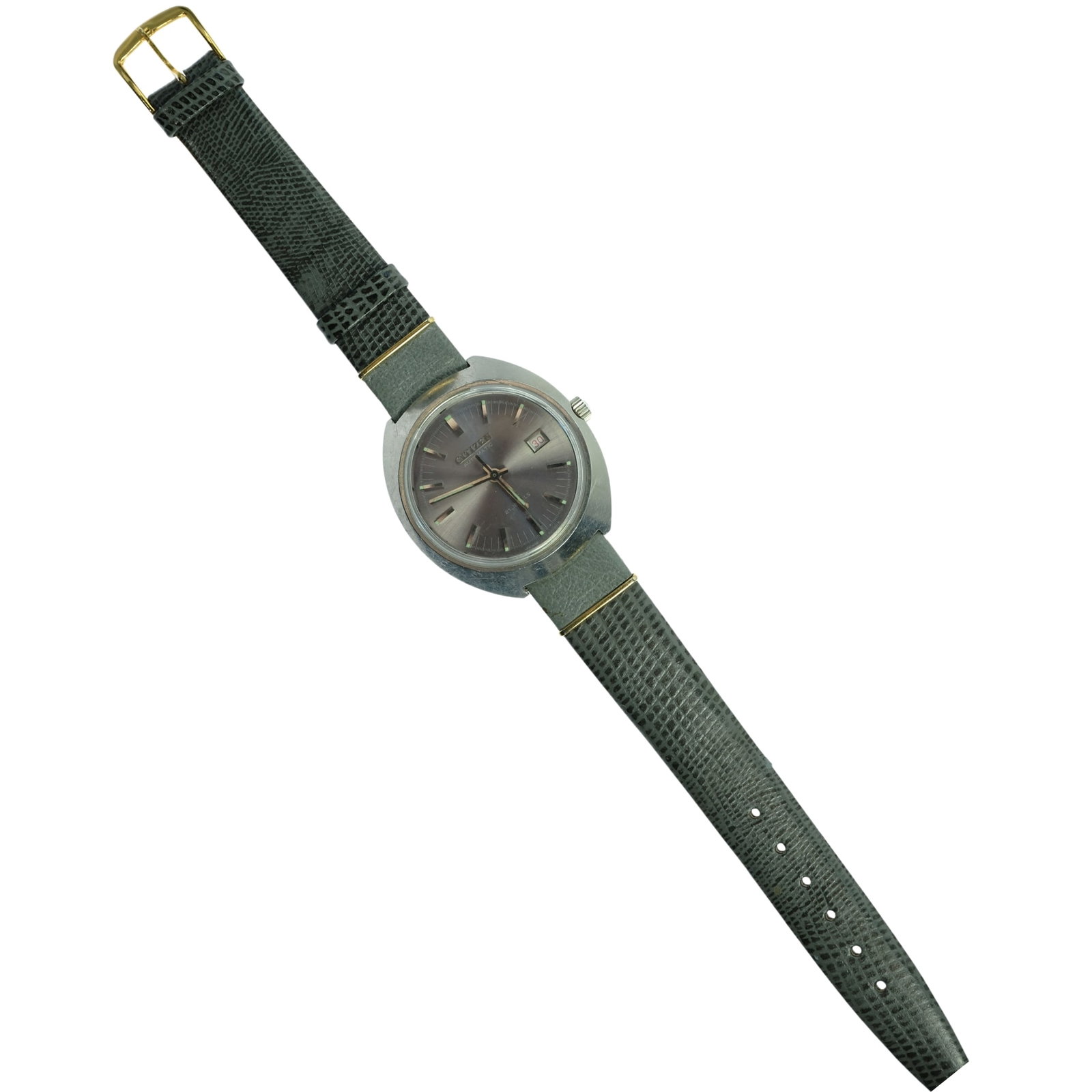 Vintage Men's Citizen 'Automatic' Silver Case Wristwatch with Subtle Pink Dial: Model# 62 - 6473. Date Function. New Lizard Skin Band Size Case approx 35mm Condition Automatic. Working Medium Jewelry
