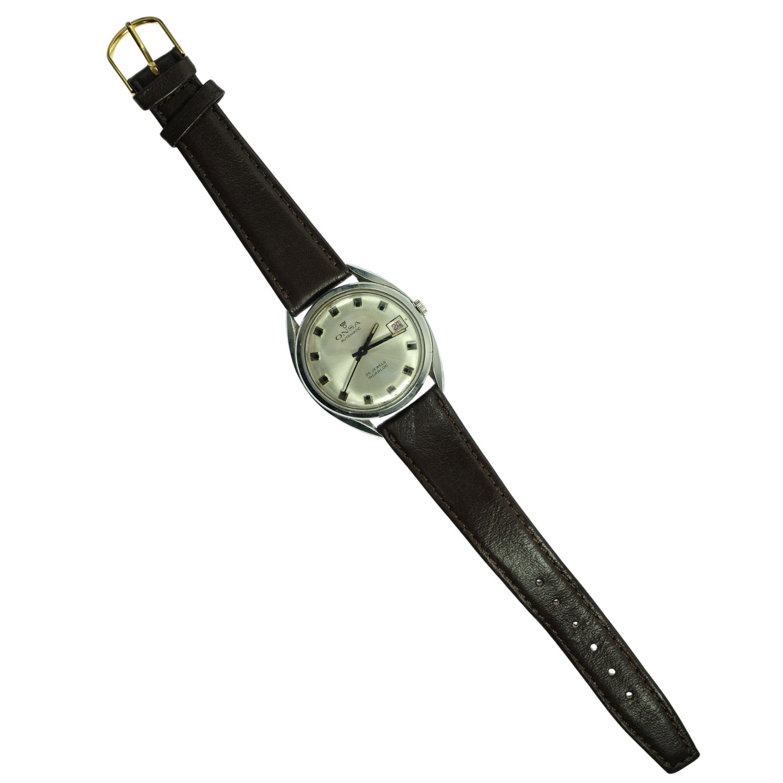 Vintage Men's Onsa Wristwatch with Silver Case & Dial: Model# 6318 - B. New Leather Band Size Case approx 34mm Condition Automatic. Working but needs servicing as Hour Hand not aligning on the Hour. Medium Jewelry