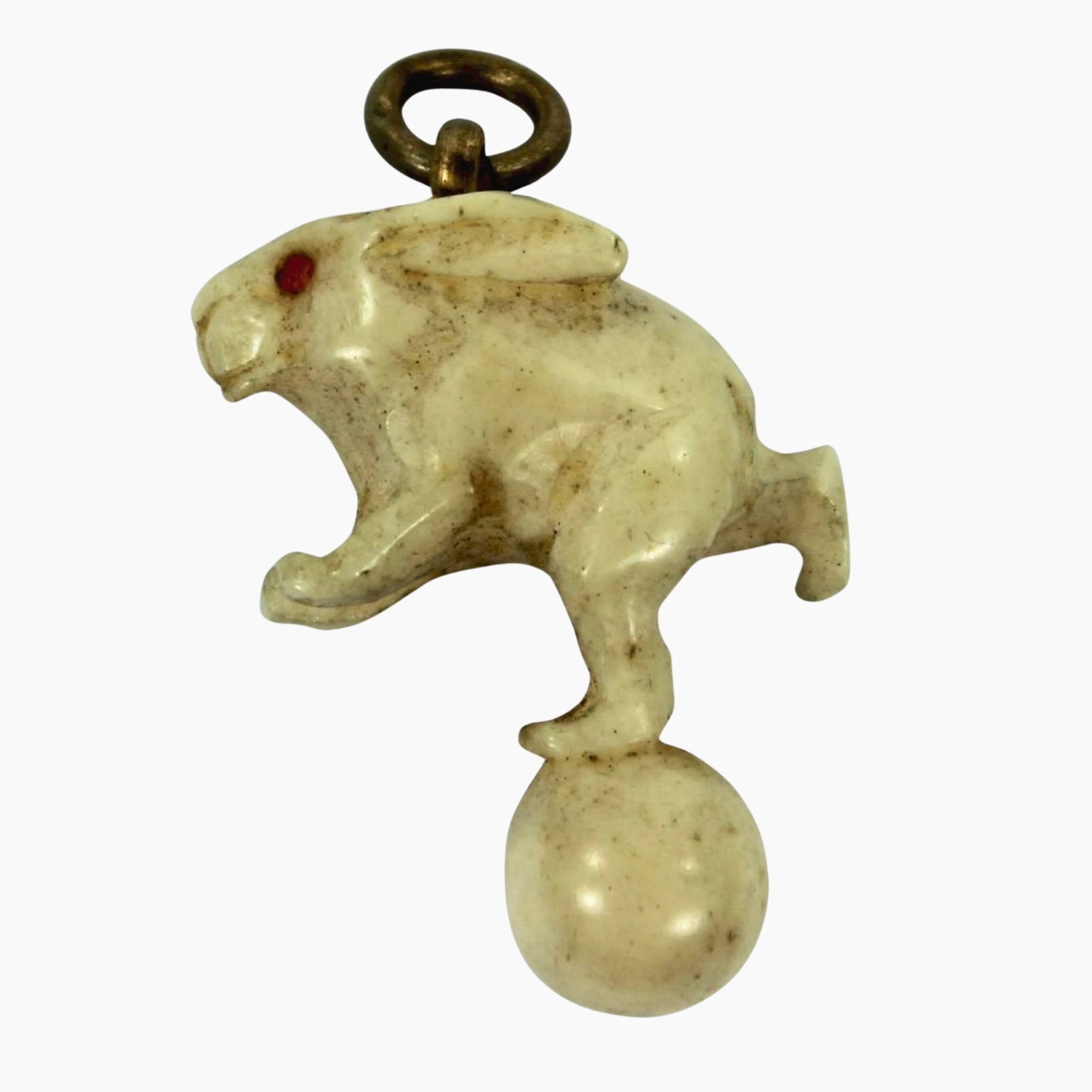 Ivory Pendant of a Rabbit cheekily balancing on a Ball: . Size Length 2.5cms Medium Jewelry