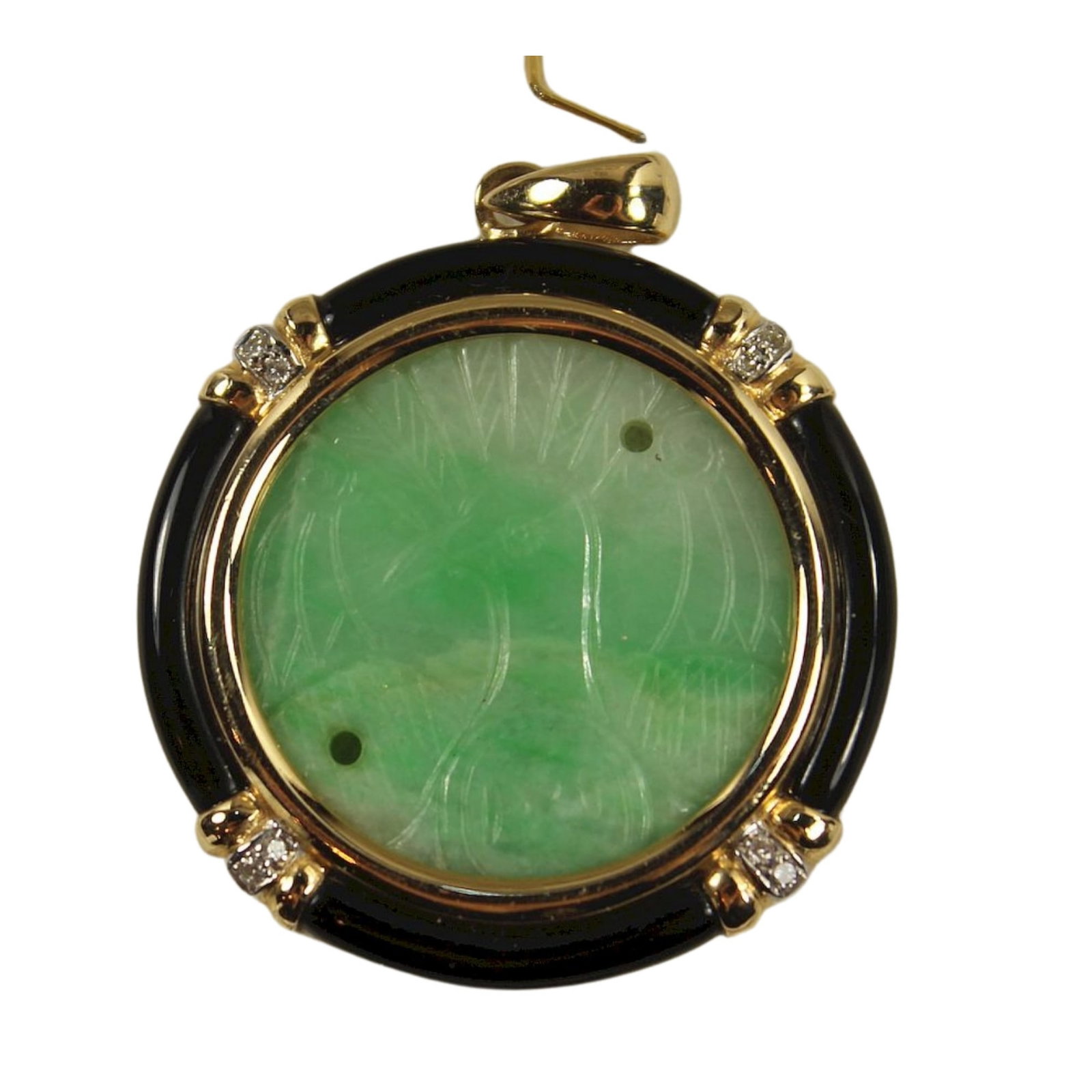 Green Jade Pendant with carved Peacock Design in 14ct Yellow Gold: Black Onyx Perimeter with small Diamonds interspersed Size Total weight 16.17gms Medium Jewelry