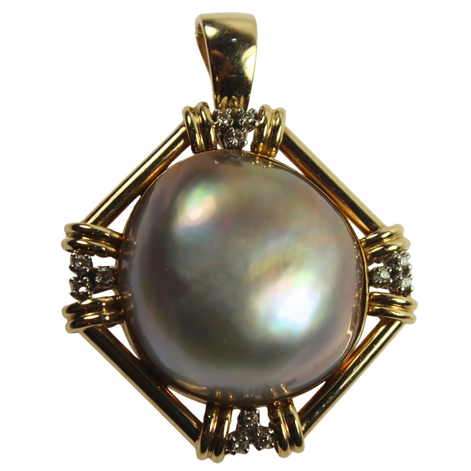 Imposing Mabe Pearl & Diamond Pendant / Enhancer in 14ct Yellow Gold: . Size Hangs 5cms : Total weight 15.79gms Medium Jewelry