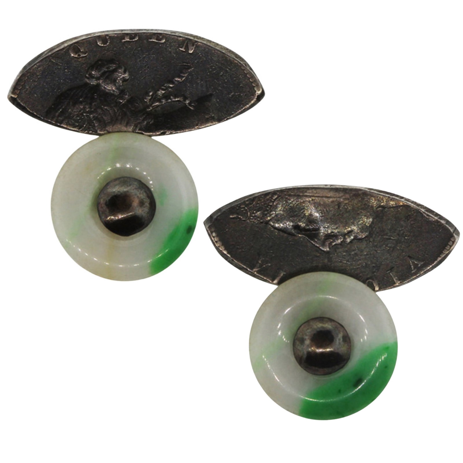 Chinese Jade and Silver Cufflinks of Unique Style: Silver backs made from sectioned Hong Kong Queen Victoria 50 Cent coins Size Weight 27gms Medium Jewelry