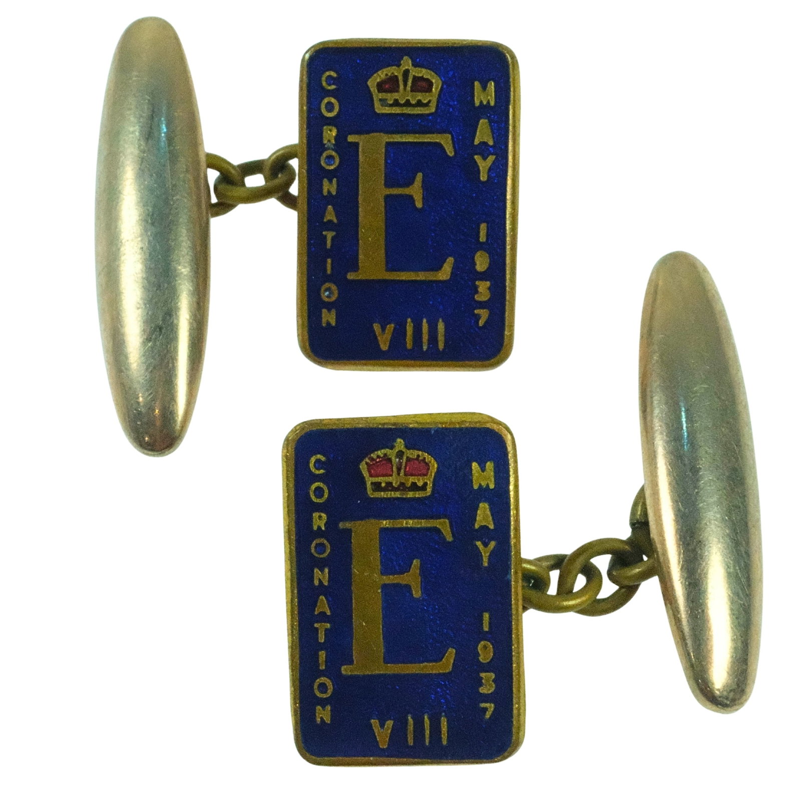 Gold-plate and Enamel Cufflinks celebrating the aborted May 1937 Coronation of Edward VIII: Rare Size Total weight 5.095gms Medium Jewelry