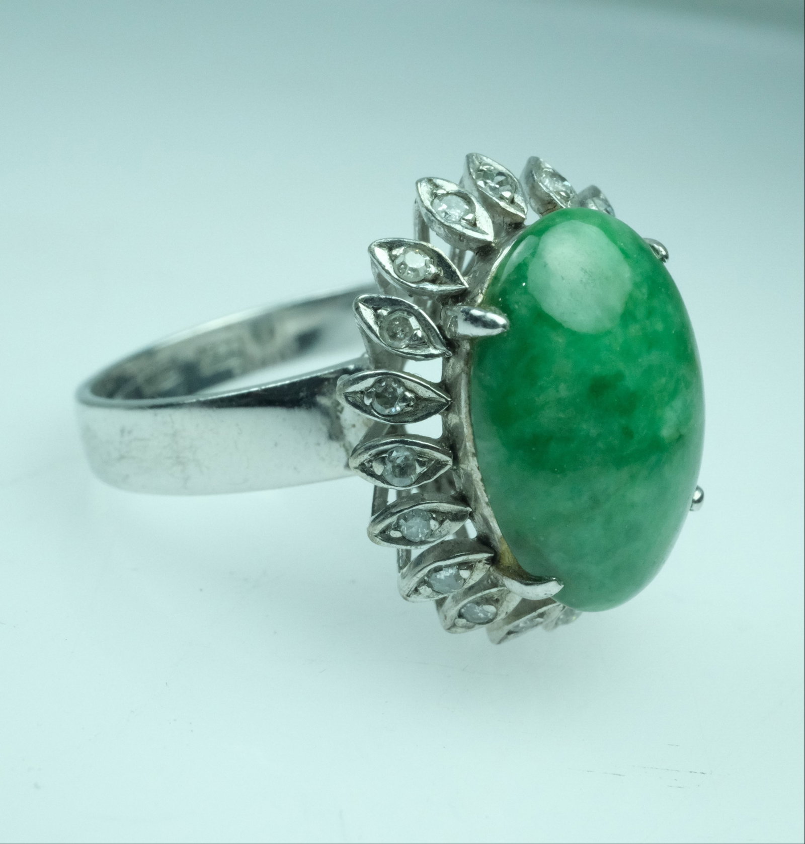 Vintage Jadeite & Diamond Ring in 9ct White Gold: Stamped 14ct but tests 9ct. Hong Kong Jewellers in the 1960's were notorious for swindling tourists by alloying Gold with Palladium & Silver and stamping it as high-carat Gold Size Size O : Total