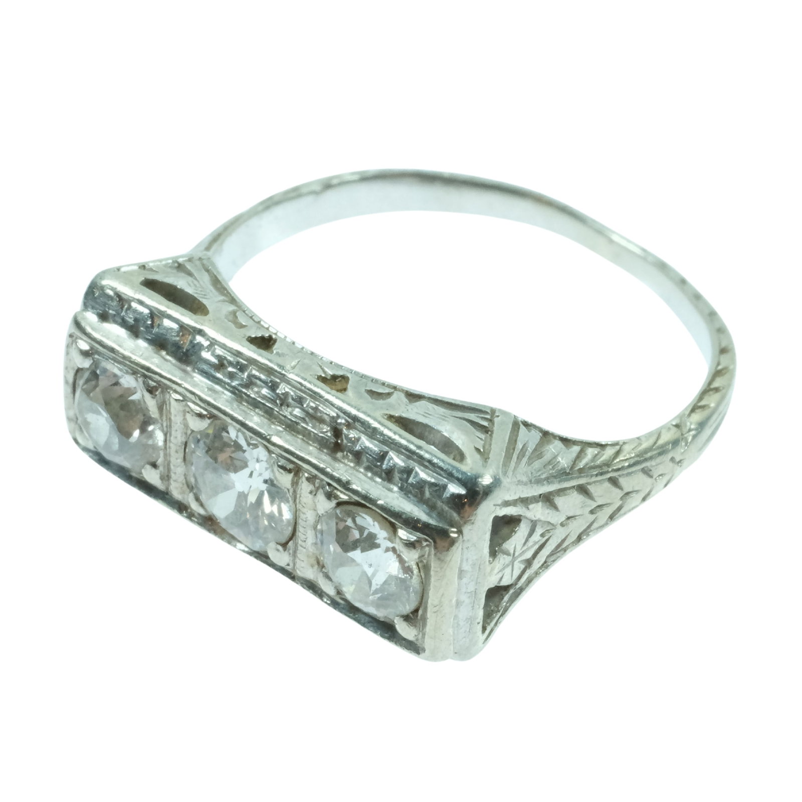 Art Deco Diamond Trilogy Ring in 18ct White Gold with intricate Filigree detailing: Old-cut Diamonds Size Size I 1/2. Total weight 3.25gms Medium Jewelry