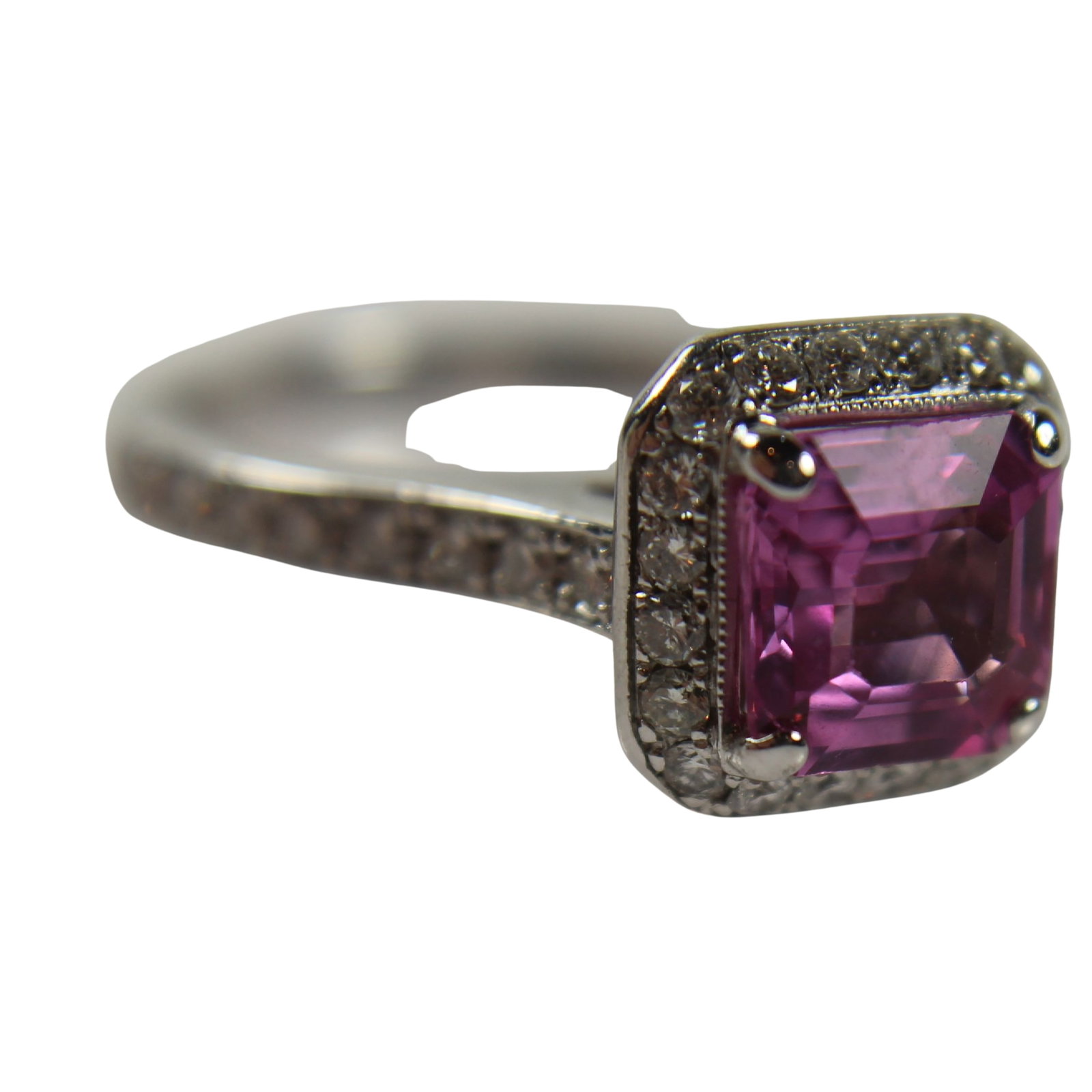 Quality Tiffany-style Pink Sapphire (2.5ct) and Diamond Ring in 18ct White Gold - 10