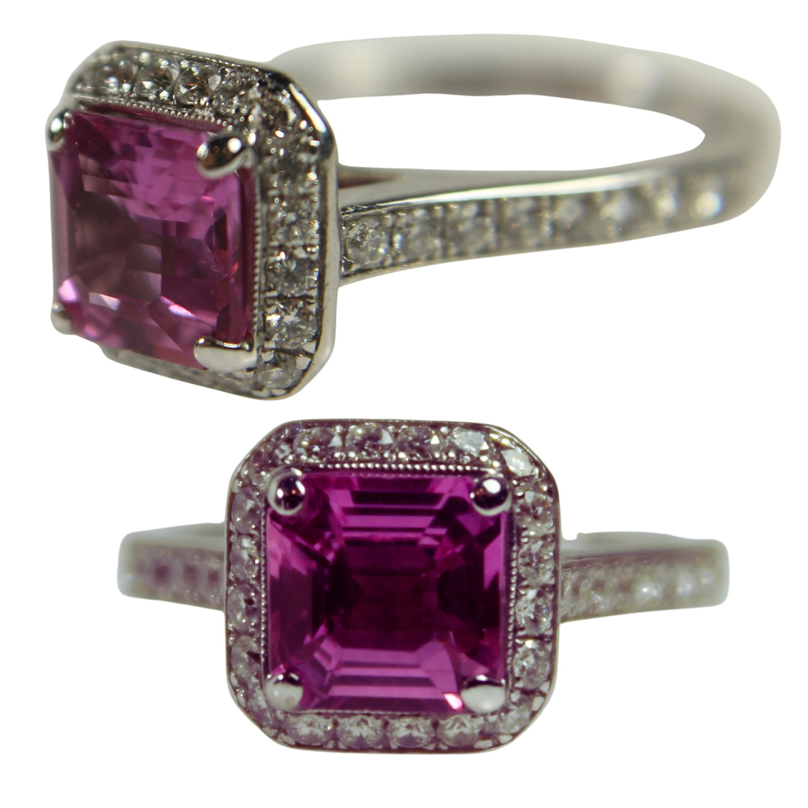 Quality Tiffany-style Pink Sapphire (2.5ct) and Diamond Ring in 18ct White Gold: Made by Cerrone Jewellers (Sydney) and comes with their recent valuation of $21,500 Size Size M 1/2 : Total weight 6.78gms Medium Jewelry