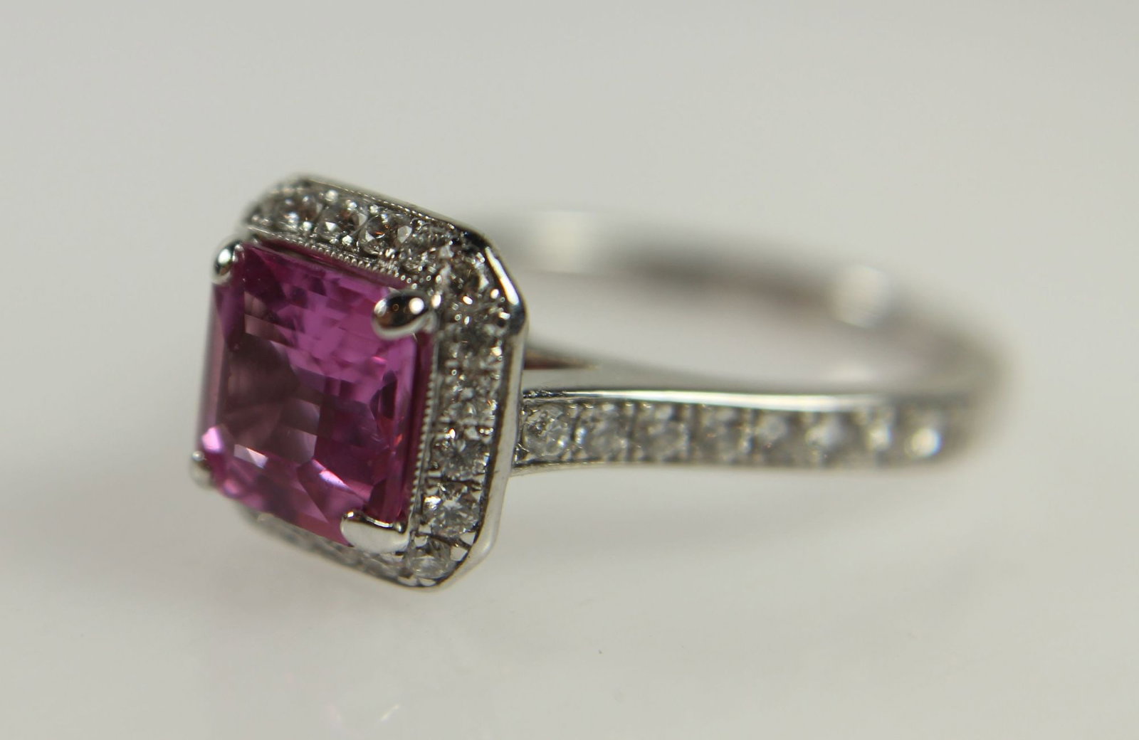 Quality Tiffany-style Pink Sapphire (2.5ct) and Diamond Ring in 18ct White Gold - 2