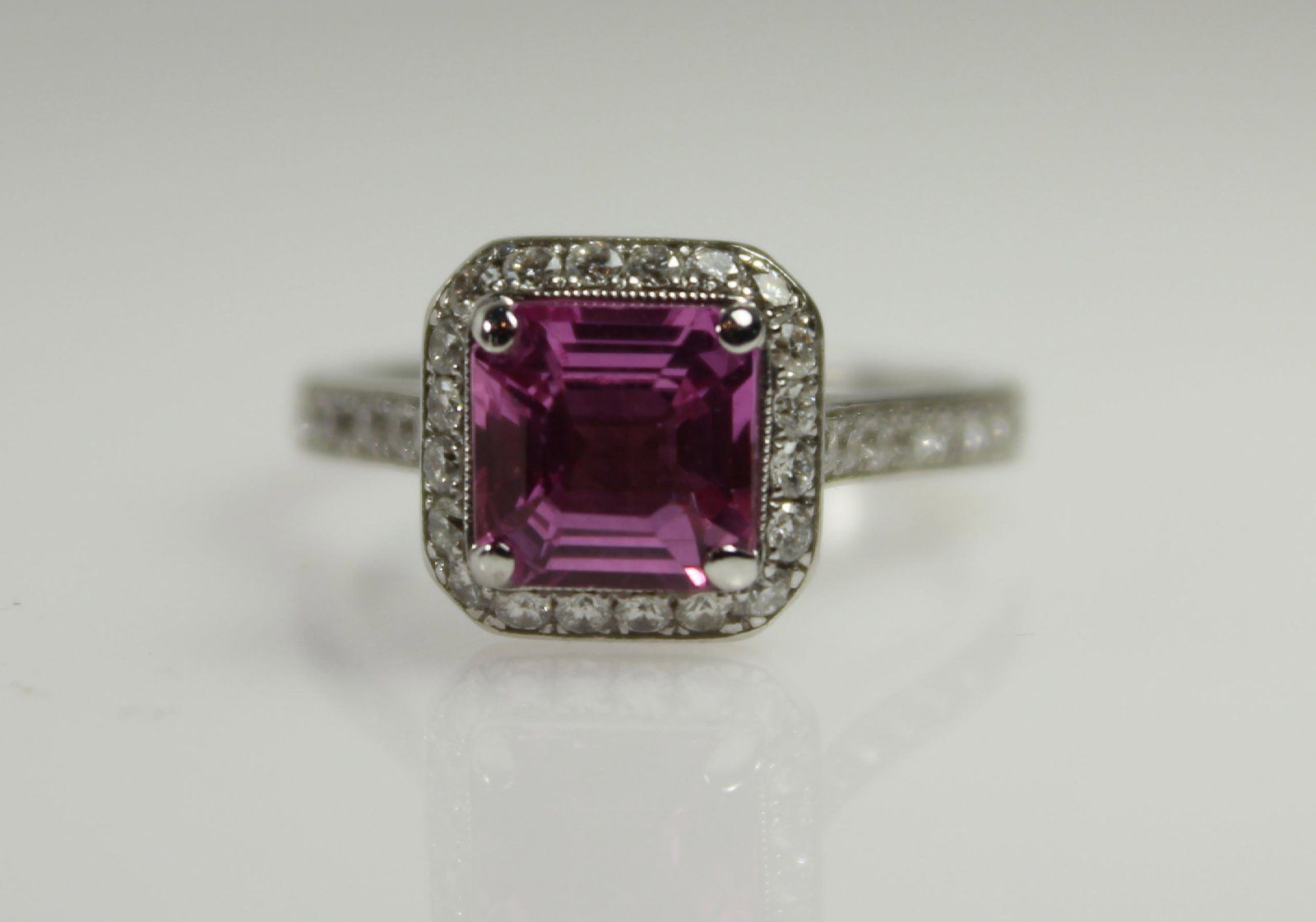 Quality Tiffany-style Pink Sapphire (2.5ct) and Diamond Ring in 18ct White Gold - 3