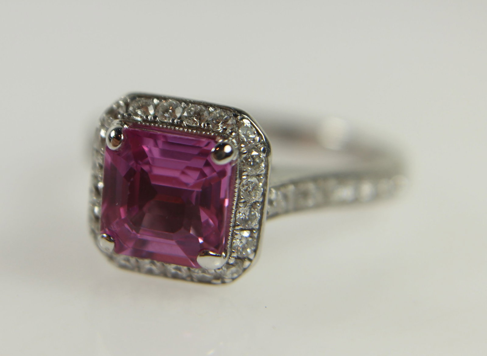 Quality Tiffany-style Pink Sapphire (2.5ct) and Diamond Ring in 18ct White Gold - 4