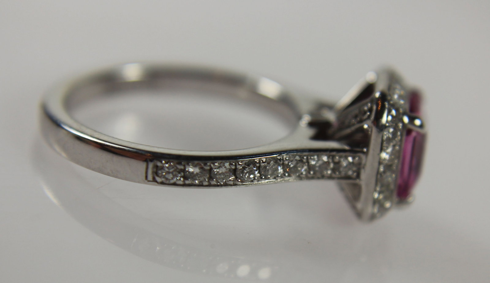Quality Tiffany-style Pink Sapphire (2.5ct) and Diamond Ring in 18ct White Gold - 5