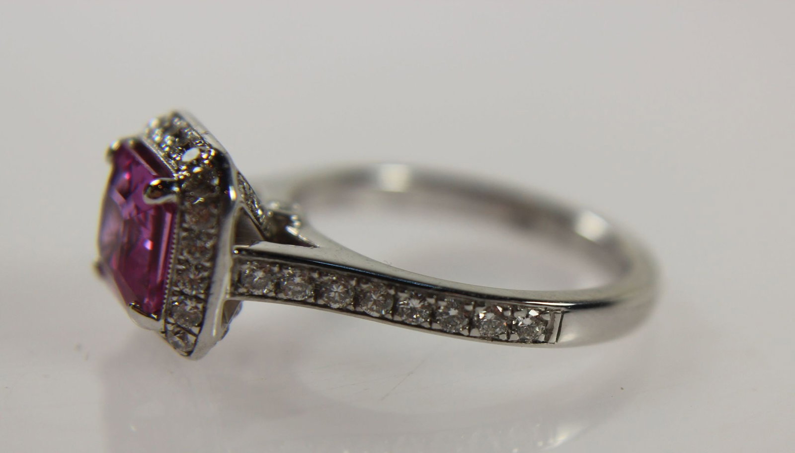 Quality Tiffany-style Pink Sapphire (2.5ct) and Diamond Ring in 18ct White Gold - 6