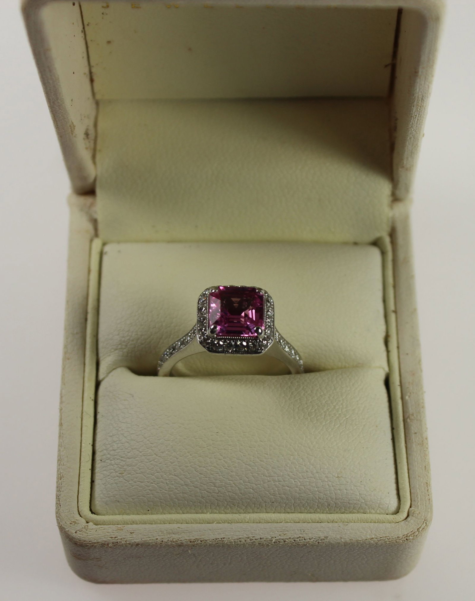 Quality Tiffany-style Pink Sapphire (2.5ct) and Diamond Ring in 18ct White Gold - 8