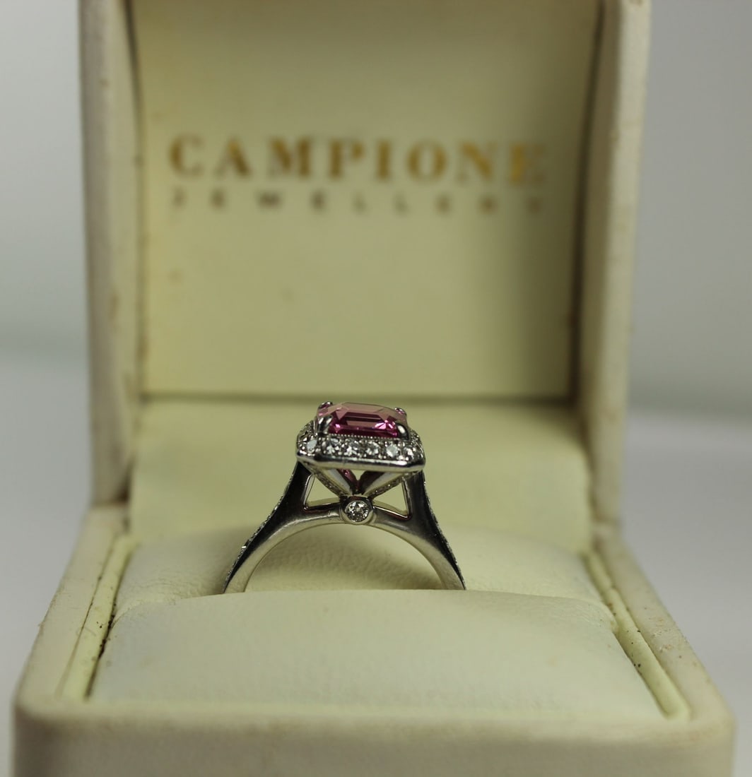 Quality Tiffany-style Pink Sapphire (2.5ct) and Diamond Ring in 18ct White Gold - 9