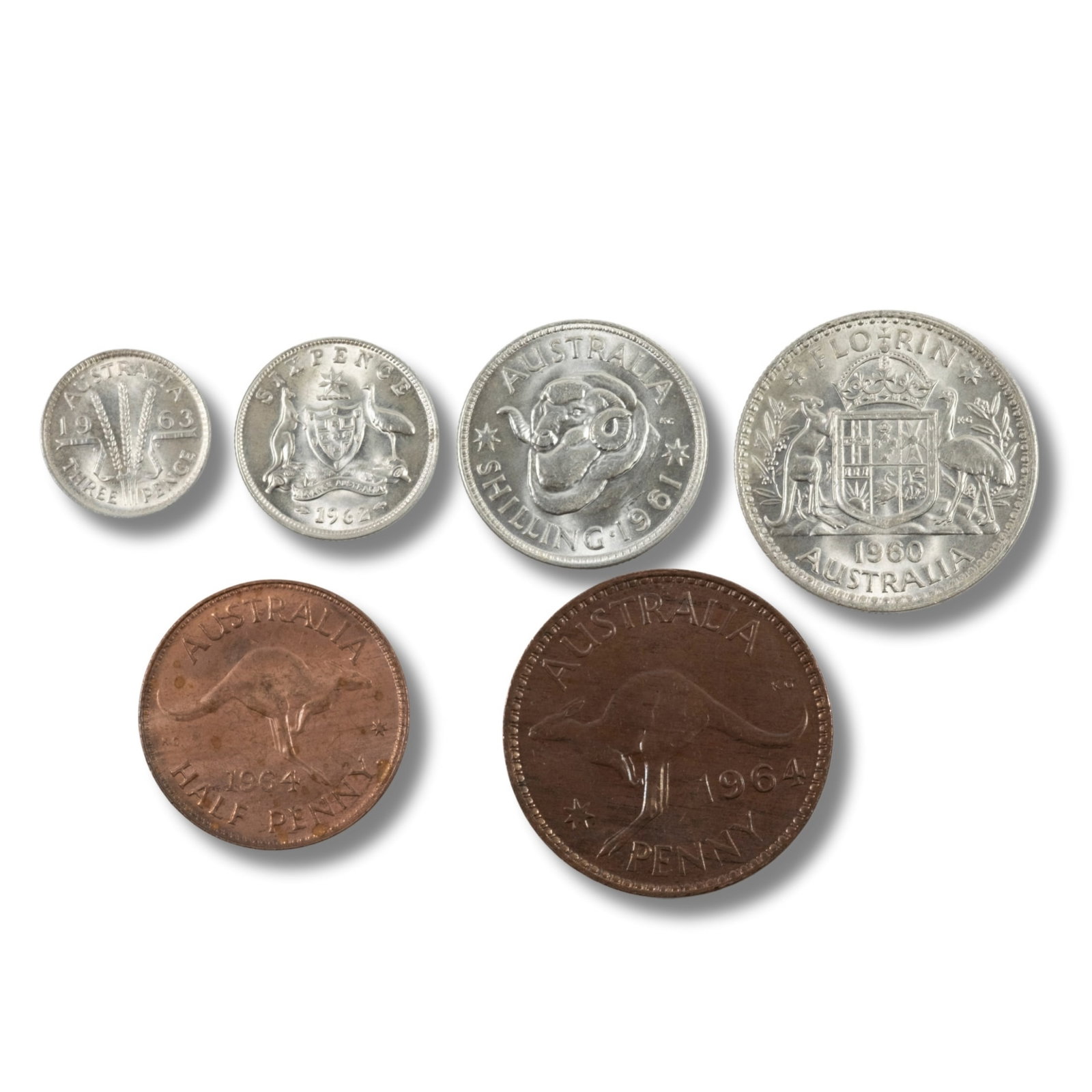 Australia 1960's QEII Silver (500) & Copper Type Set, Choice Uncirculated (6 coins): 1960 2/-, 1961 1/-, 1962 6d & 1963 3d, 1964 (M) 1d & 1964 (P) 1/d Size ASW 0.2861 Troy oz Medium Coin Sets