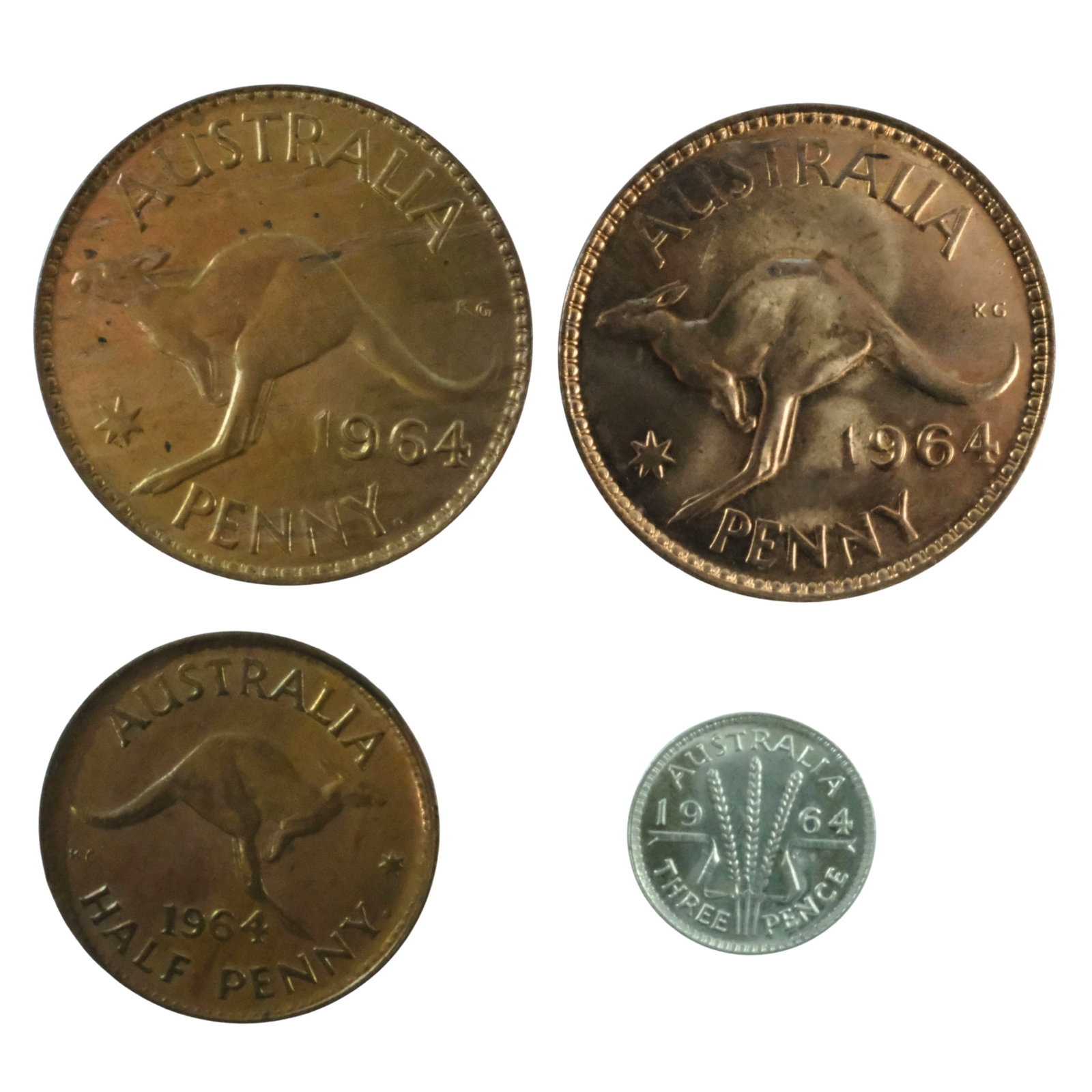 Australia 1964 Copper 1/d, 1d (M) & 1d (P) & Silver (500) 3d , Choice Uncirculated (4) (1 of 2)