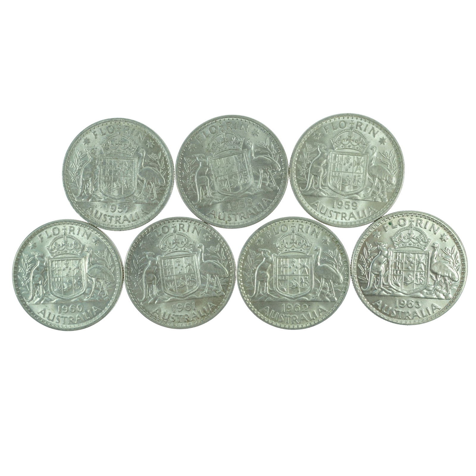 Australia 1957, 58, 59, 60, 61, 62 & 63 Florins, Choice Uncirculated (7 coins): QEII Size Combined ASW 1.2726 Troy oz Medium Coin Sets