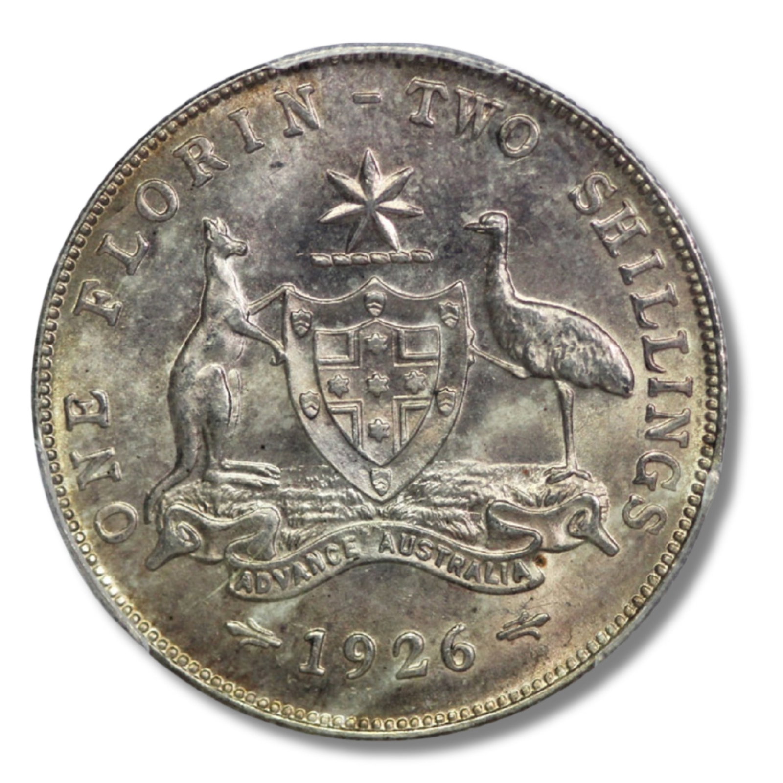 Australia 1926 Florin, PCGS MS62: Traditionally a difficult date to find fully struck up on the reverse Size ASW 0.3363 Troy oz Medium Florin
