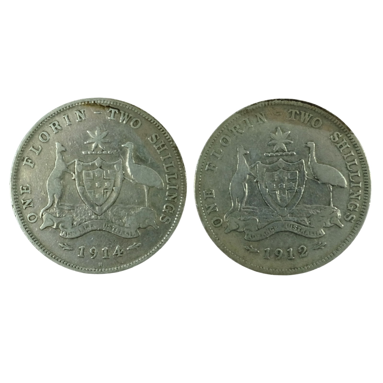 Australia 1912 & 1914 H Silver (925) Florins, Very Good / Fine (2 coins): Key dates Size ASW 0.6726 Troy oz Medium Florin