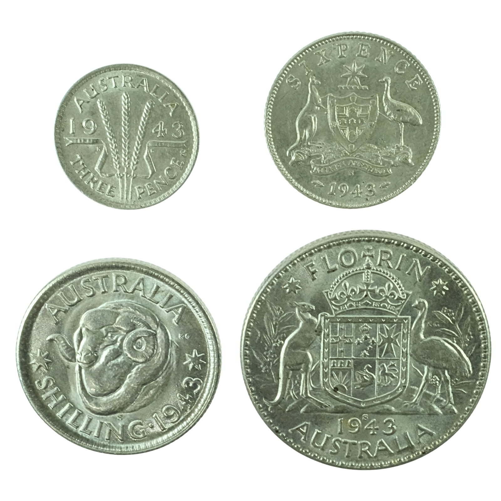 Australia 1943 S Silver (925) 3d, 6d, 1/- & 2/- Set, Lustrous Uncirculated (4 coins) (1 of 2)