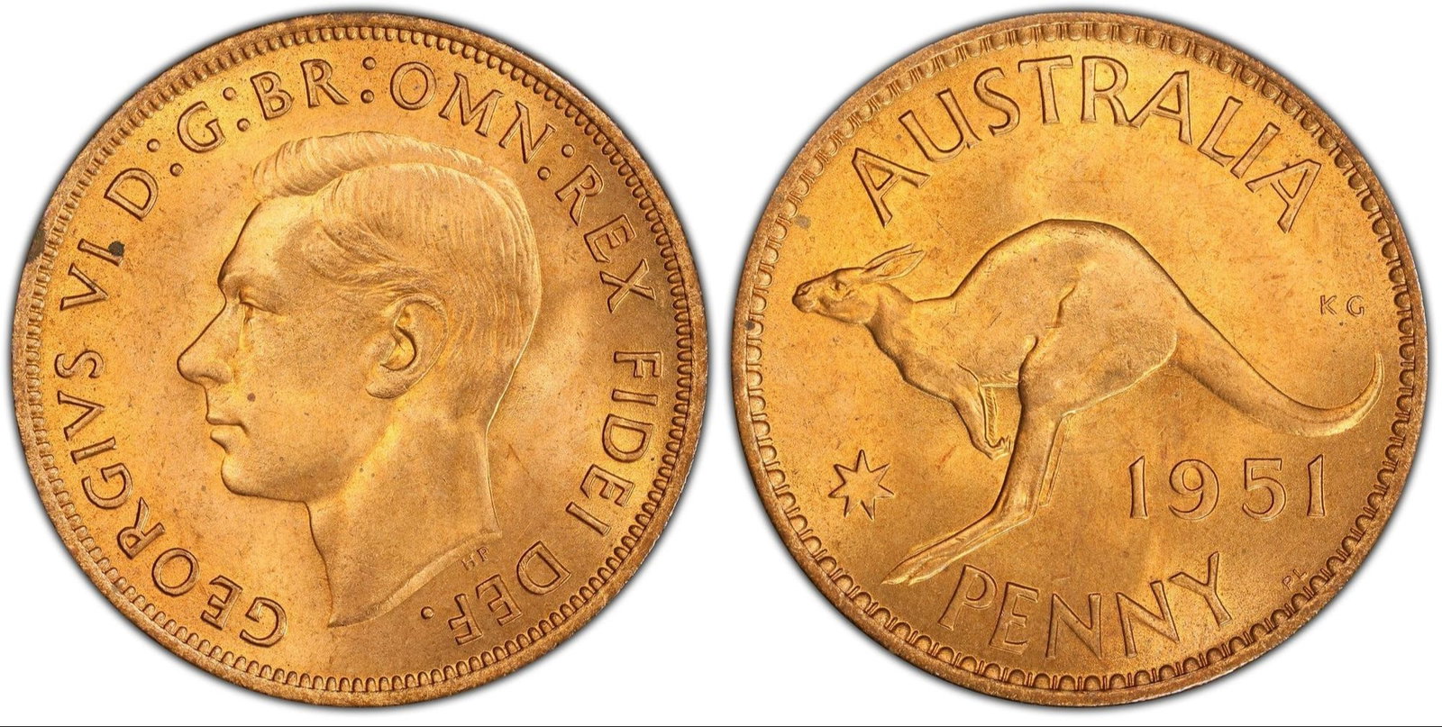 Australia 1951 PL (L) Penny, PCGS MS65 RD: Near perfect Medium Penny