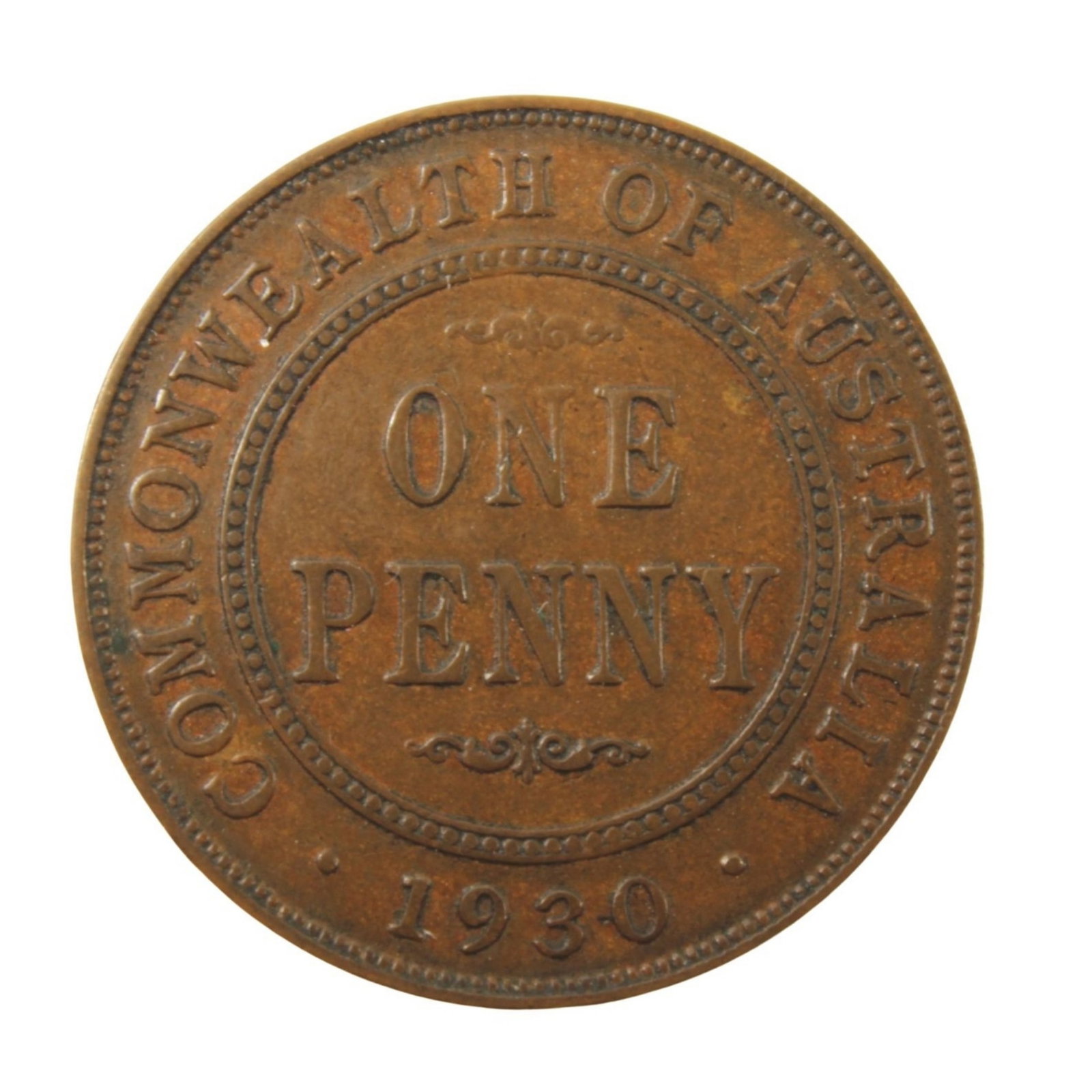 Australia 1930 'Indian Obverse' 1d, good Fine: 'Full Band with 6 Pearls' Medium Penny
