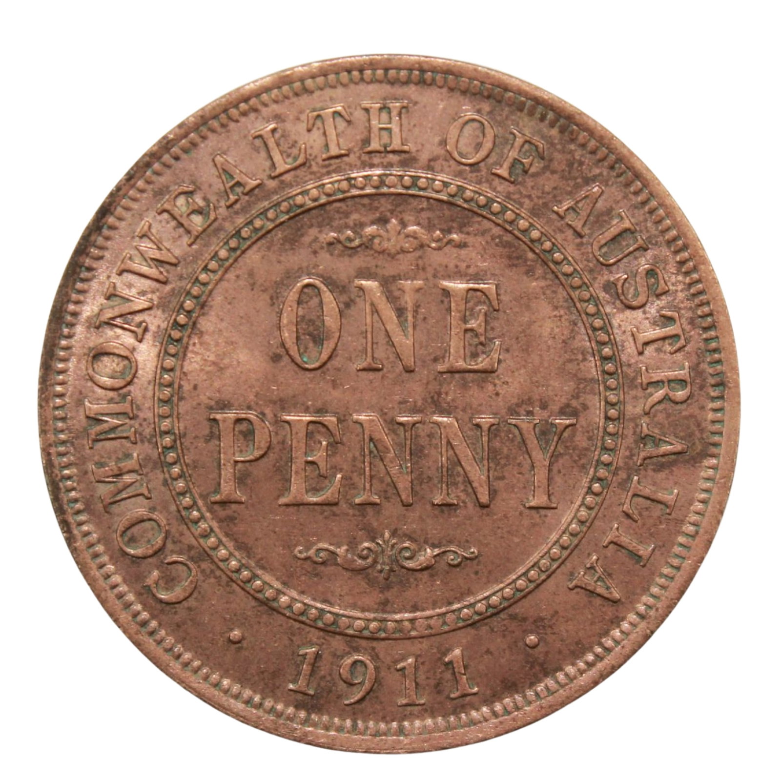 Australia 1911 Penny, Uncirculated mostly Red: George V Condition Plenty of even colour Medium Penny