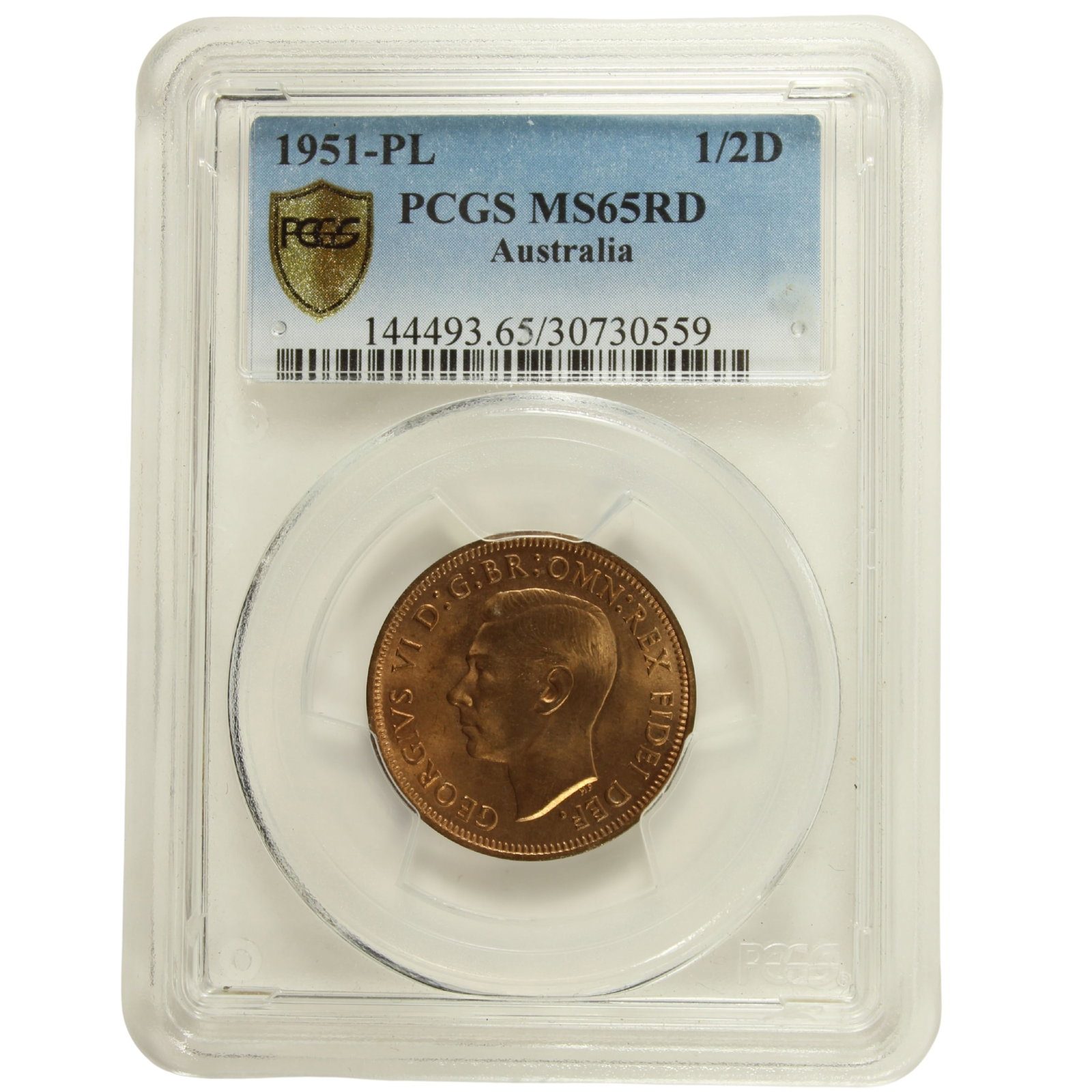 Australia 1951 PL Halfpenny, PCGS MS65 RD: Heaton (Birmingham) Mint - Hooked Bar Medium Halfpenny