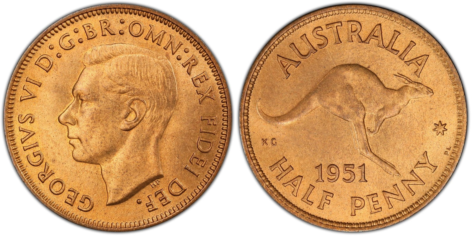 Australia 1951 PL Halfpenny, PCGS MS65 RD (Pop 38): London Mint - Straight Bar Medium Halfpenny