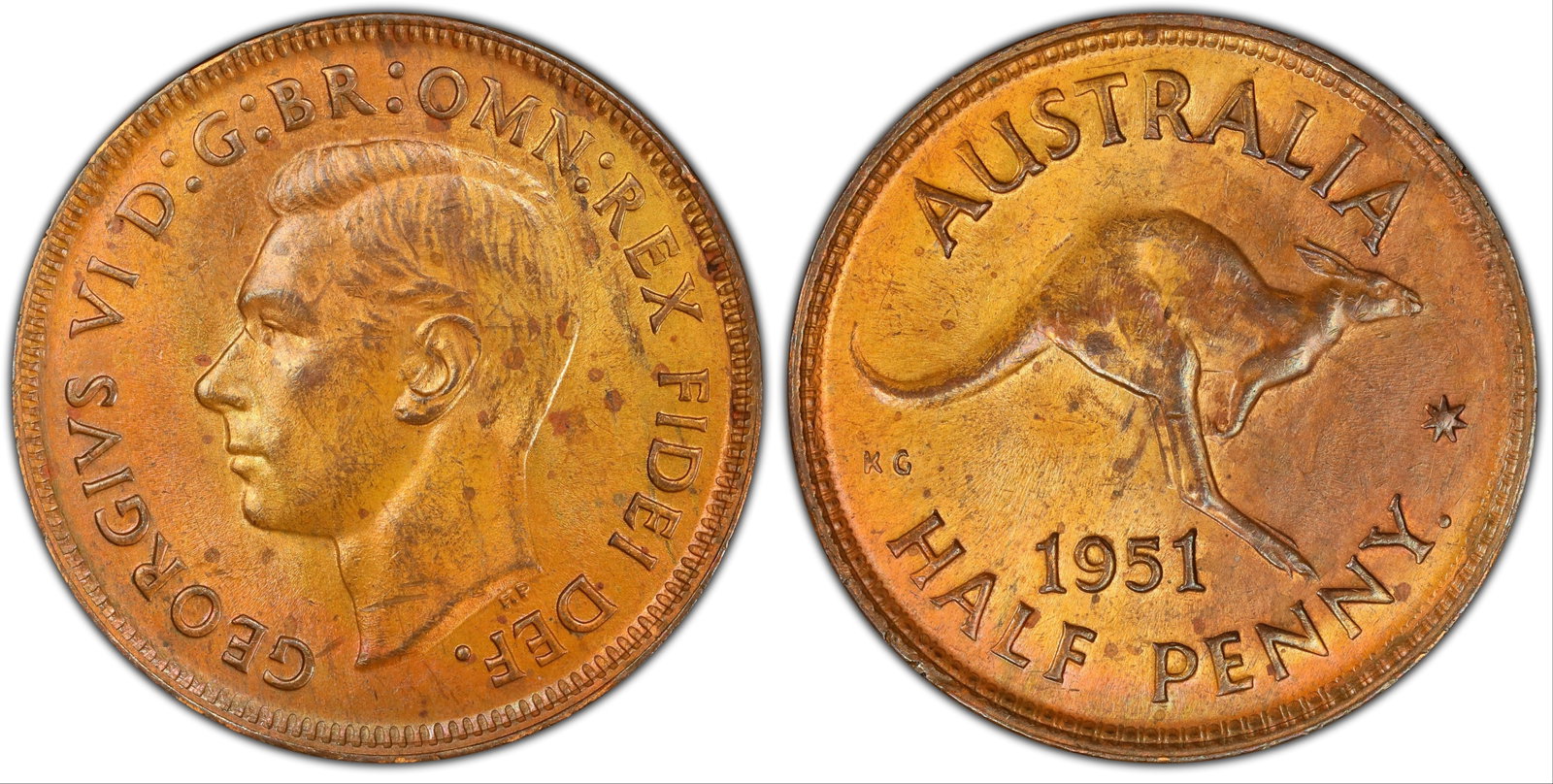 Australia 1951 (P) Halfpenny, PCGS MS63 RB: As red as they come Medium Halfpenny
