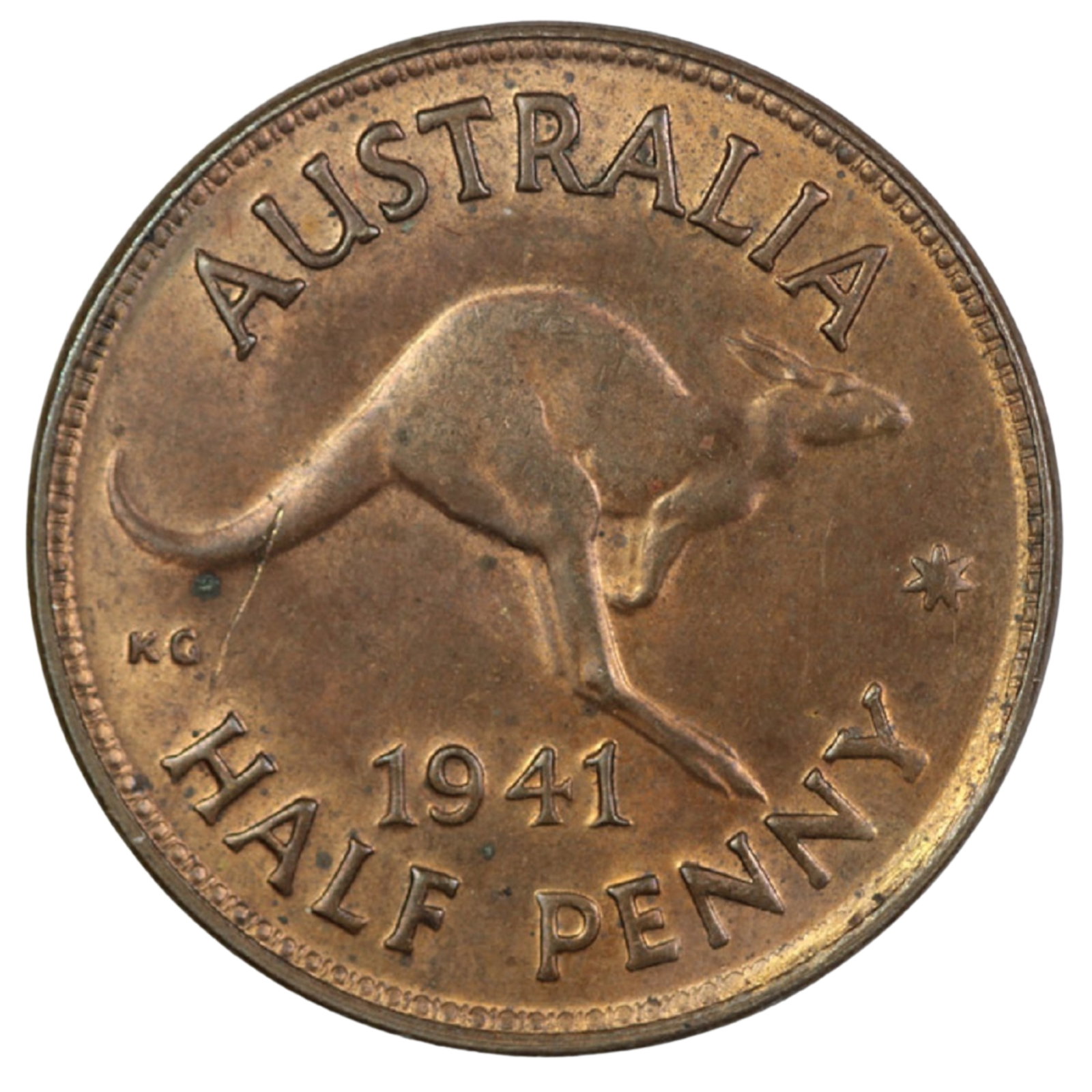 Australia 1941 Halfpenny, Uncirculated: Obv 3 - Rev Bm Condition Deep cut across tail of Kangaroo Medium Halfpenny