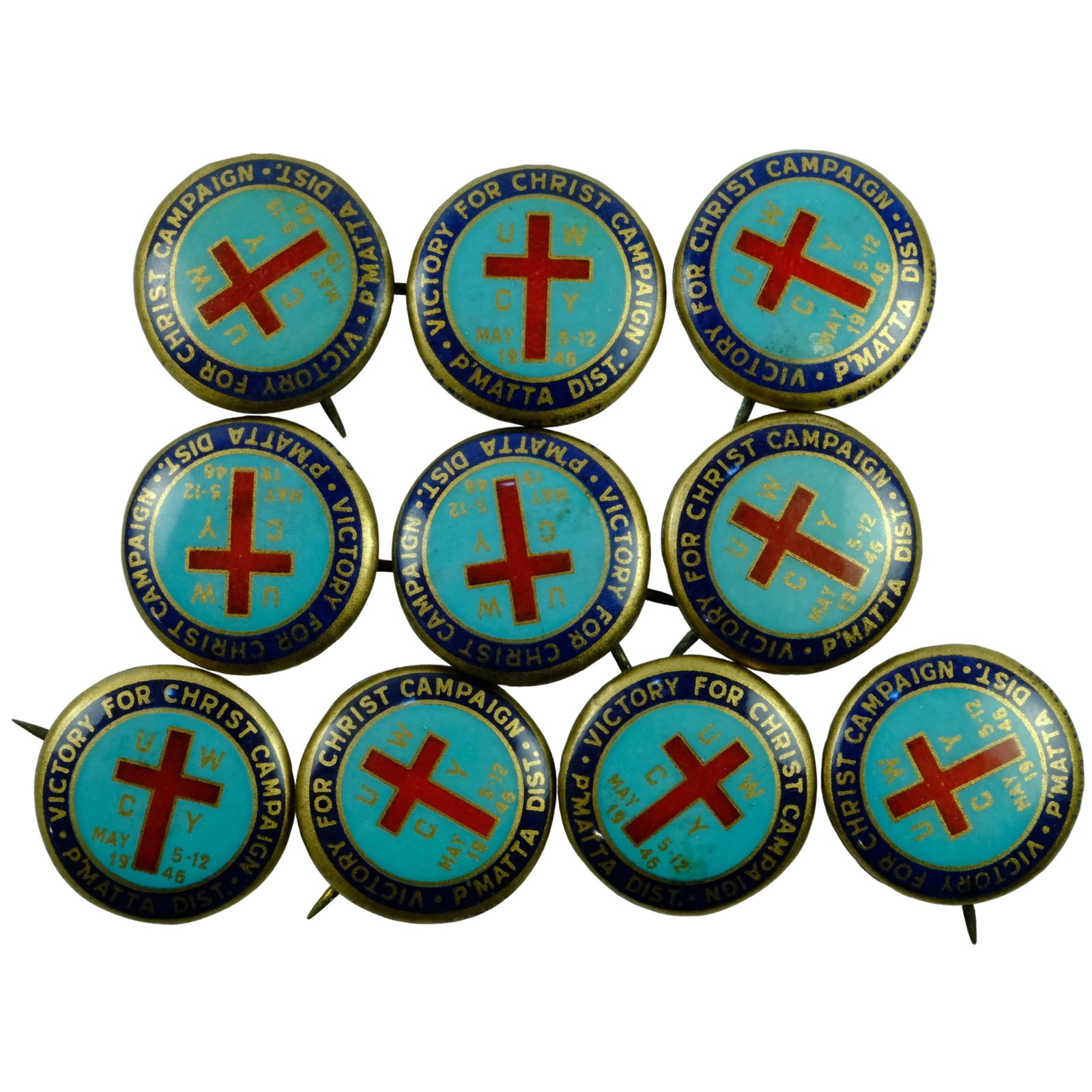 Australia 1940's 'Victory for Christ Campaign' P(arra)matta District Tin Badges (10): Carlisle# 1951/5. Mintage 2,000 Size Diameter 22mm Medium Collectables