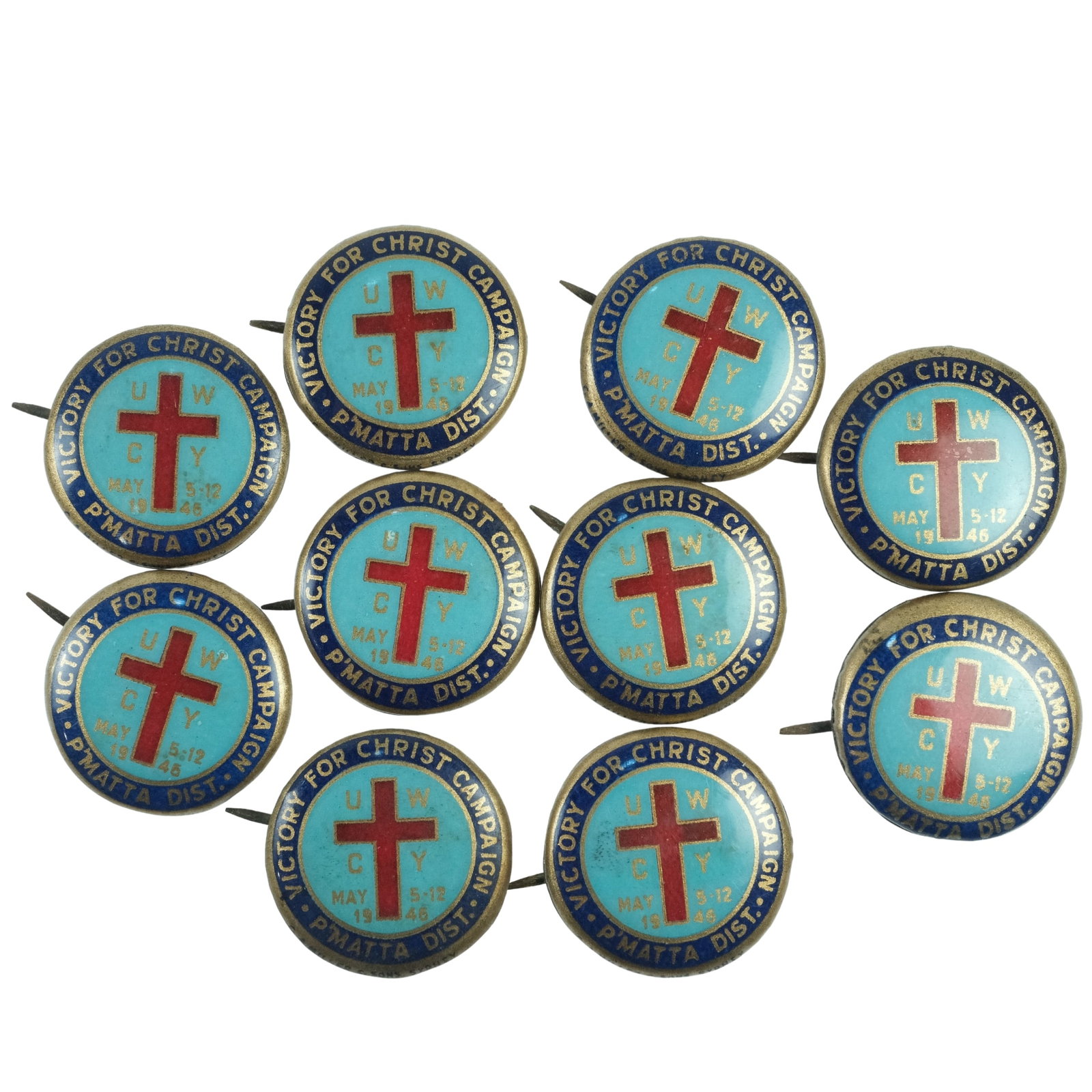 Australia 1940's 'Victory for Christ Campaign' P(arra)matta District Tin Badges (10): May 5-12 1946 Size Diameter 22mm Medium Collectables