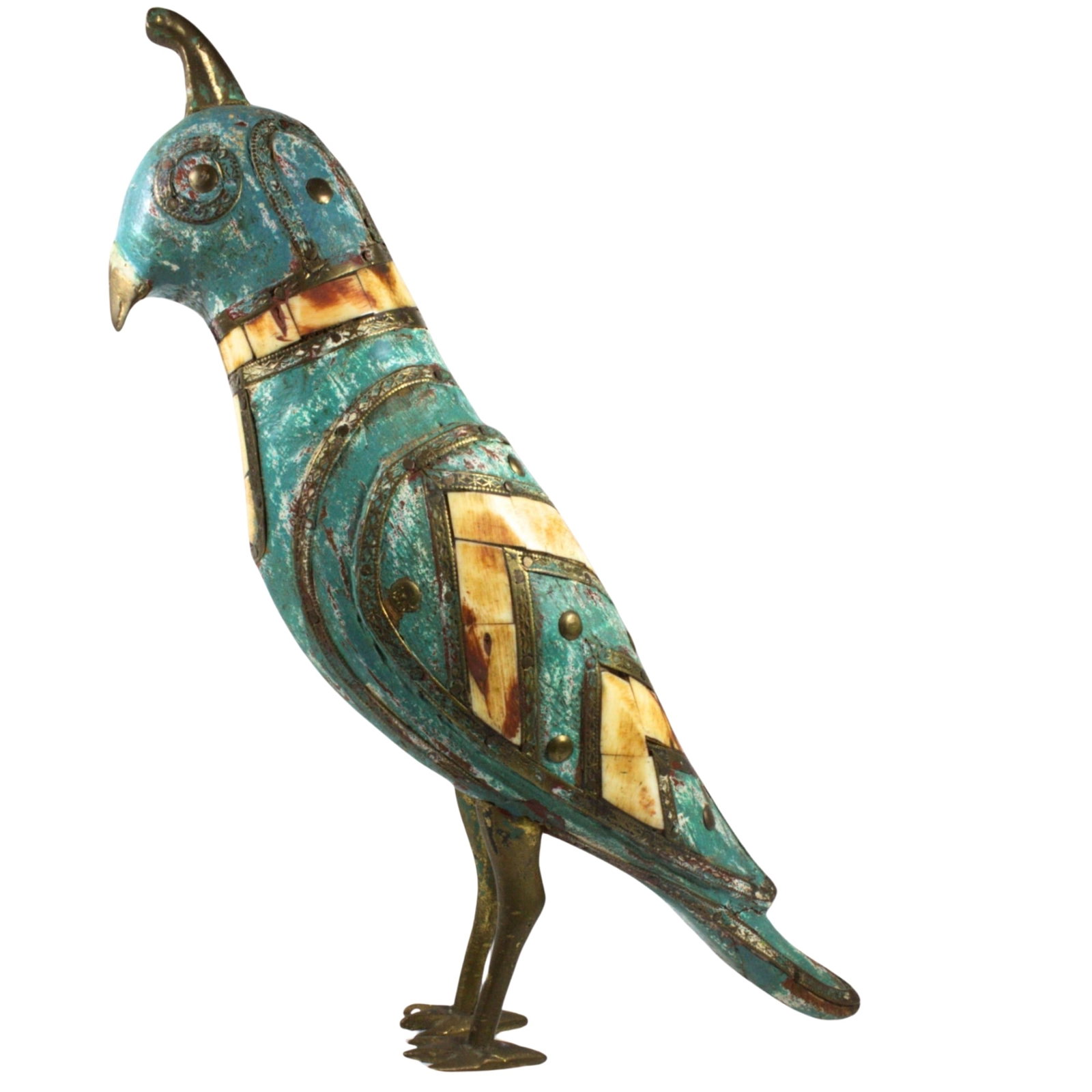 Hand-painted Persian Brass Falcon with Bone decoration (1 of 5)