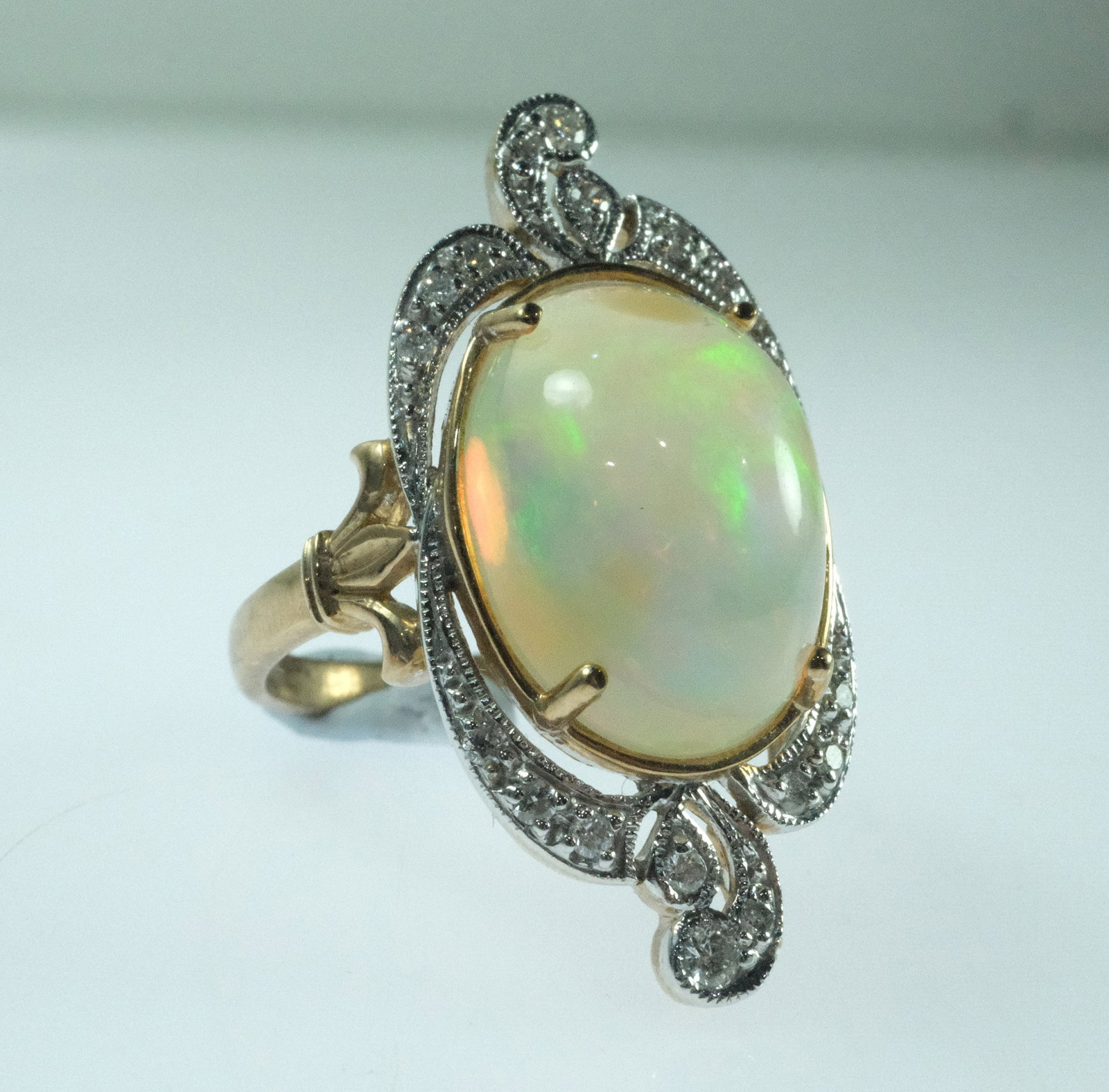 Large Solid White Opal and Diamond Ring in 9ct Yellow Gold - 4