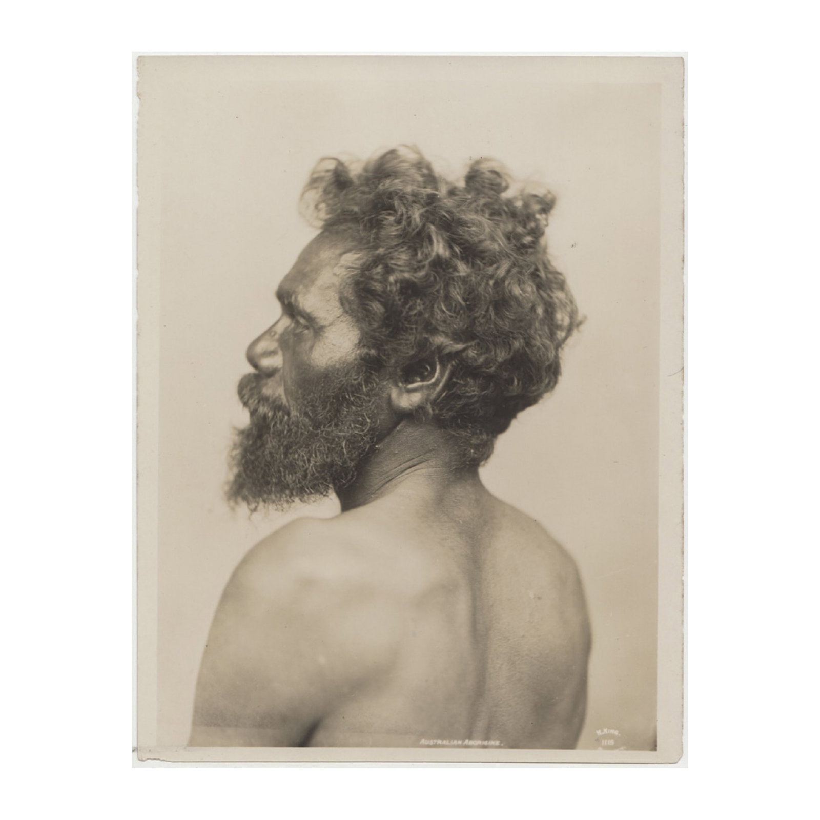 Henry King Sepia Photograph '1115 / AUSTRALIAN ABORIGINE/ (H. KING. SYDNEY.): An early reprint from the original 'King' glass negative. The sepia reprints were likely the working stock of the King Studio that Tyrell acquired along with the original glass negatives. Stamped on t