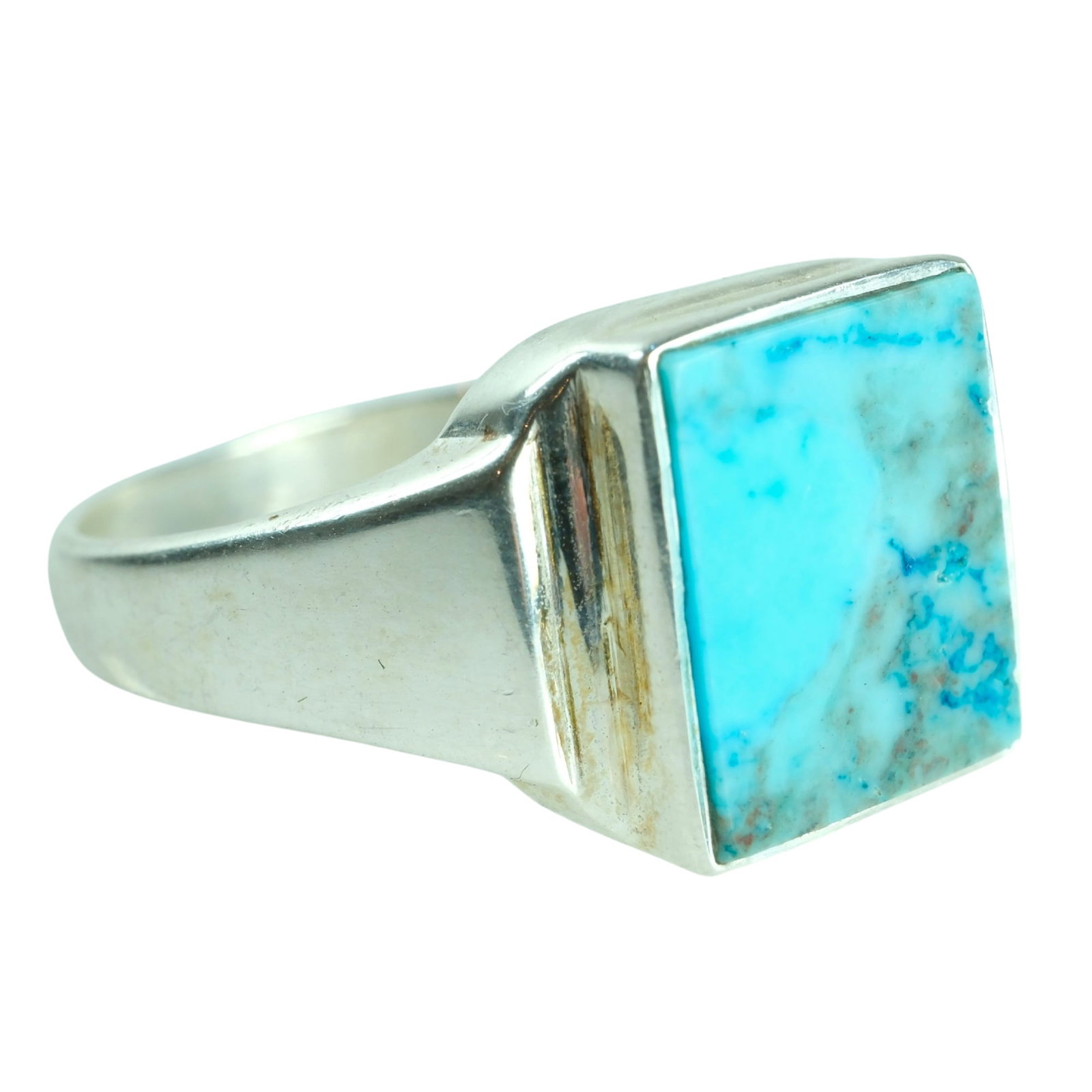 Square Stone Set Turquoise Ring in Sterling (925) Silver: Polished smooth stone Size Size S : Total Weight 6.27 grams Medium Jewelry