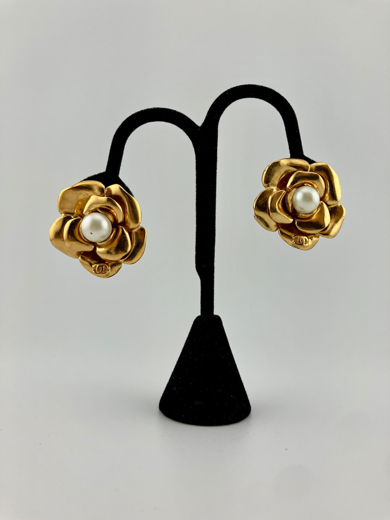 Chanel Gold Camellia Clip Earrings with Pearl (1 of 4)