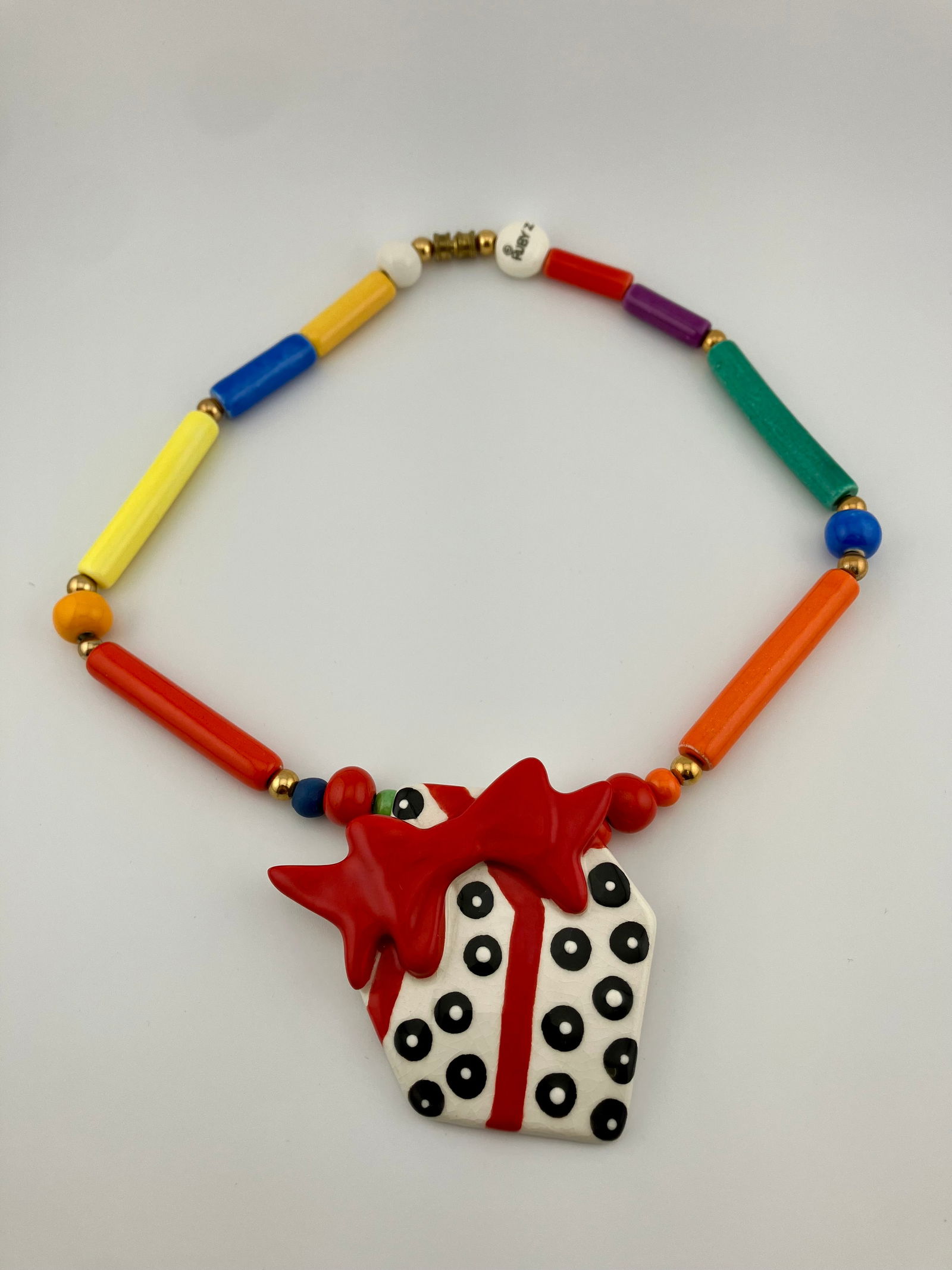 Vintage 80's Ruby Z hand painted ceramic pendant necklace (1 of 3)